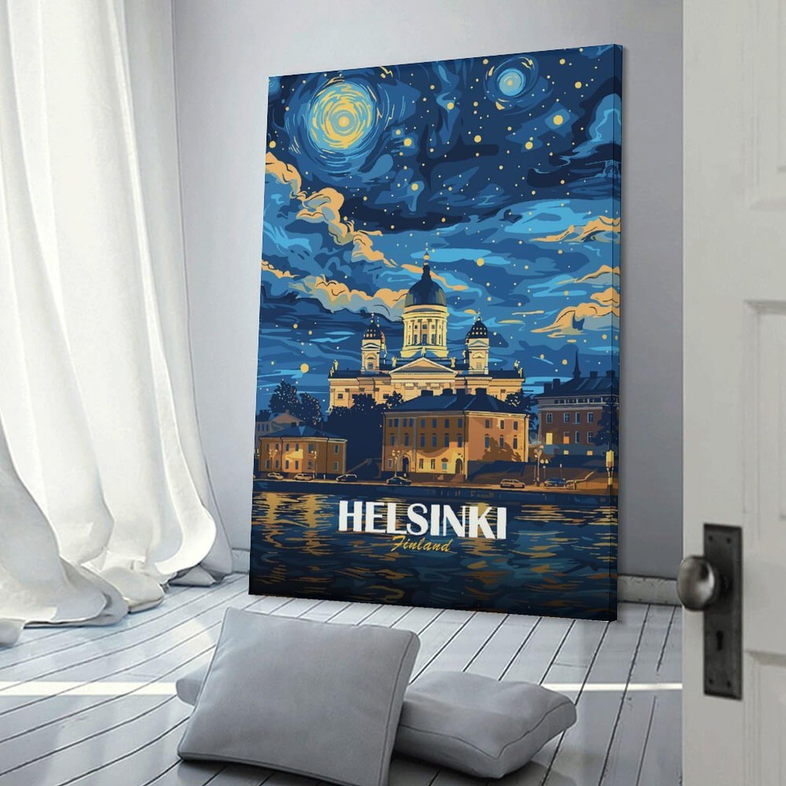 Junmoney Wall Art Print Helsinki Finland Nightscape Art, 24x36inch(60x90cm), for Bedroom Decor, Cosy Corners Or Studios, Decorative Wall Art for Cosy Rooms