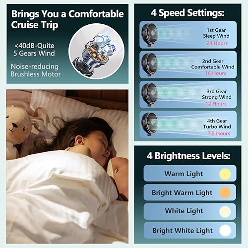 Miniatura 4 de Ventilador magnético de cabina de crucero con batería de 8000 mAh, luz LED y banco de energía, trípode, circulador de aire recargable por USB para