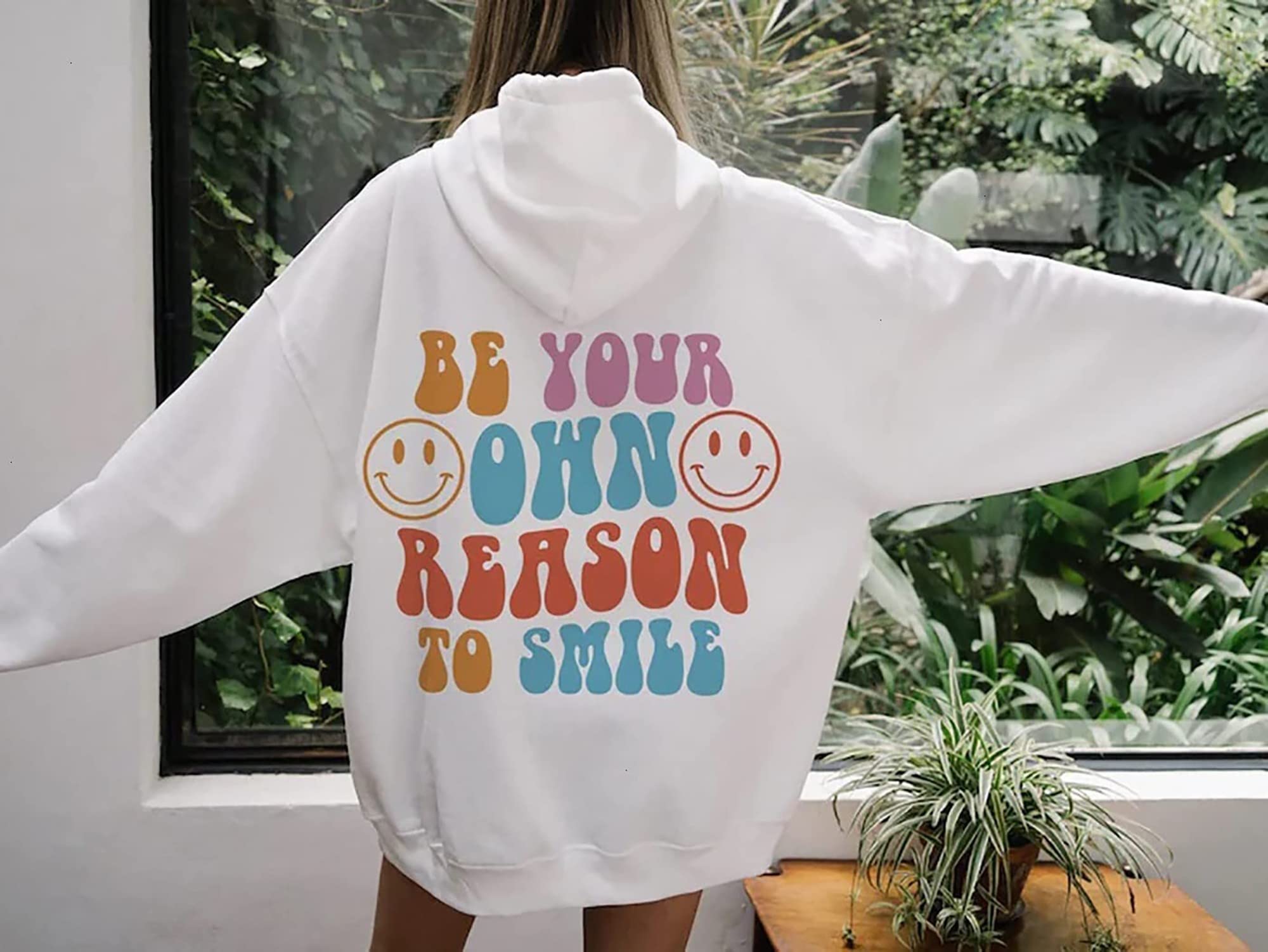 Amazon.com: Aesthetic Be Your Own Reason To Smile Hoodie For Teens Youth  Women 2022, Oversized Hoodie Back Side, Hoodie With Words On Option :  Clothing, Shoes u0026 Jewelry