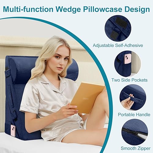 Miniatura 7 de Almohada de cuña de cama para apnea del sueño, 3 almohadas ajustables de cuña plegable de 9 y 12 pulgadas para dormir, alivio del dolor de espalda,