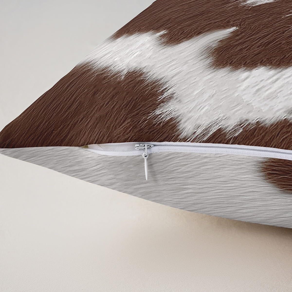 (Not Real) Cowhide Cushion Covers 18x18 Set of 4,Cow Skin Print Throw Pillow Covers for Sofa Bedroom Decor,Wildlife Fur Hair Pillow Covers White Brown Bull Cattle Skin Decorative Pillow Covers