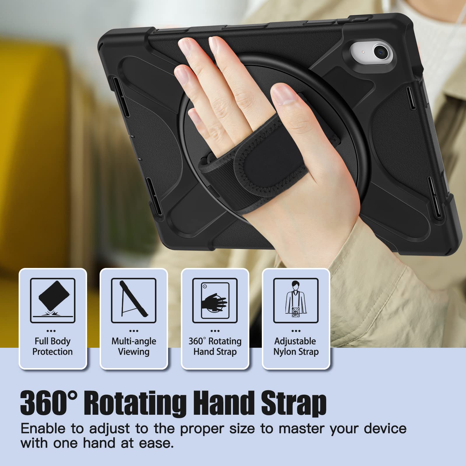 Gerutek Coque Antichoc pour iPad (A16) 11ème/10ème Génération (11/10.9 Pouces) 2025/2022, Coque pour iPad 10ème, Étui Robuste avec Support Rotatif à 360°, Dragonne et Bandoulière, Porte-Stylet, Noir