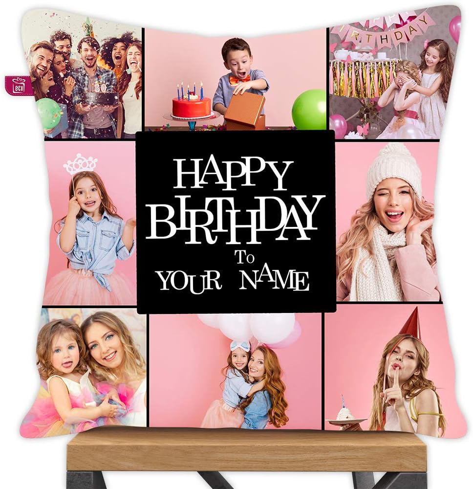 8 Photos and Name Pillow for Birthday Black Printed 12x12 Cushion with Filler