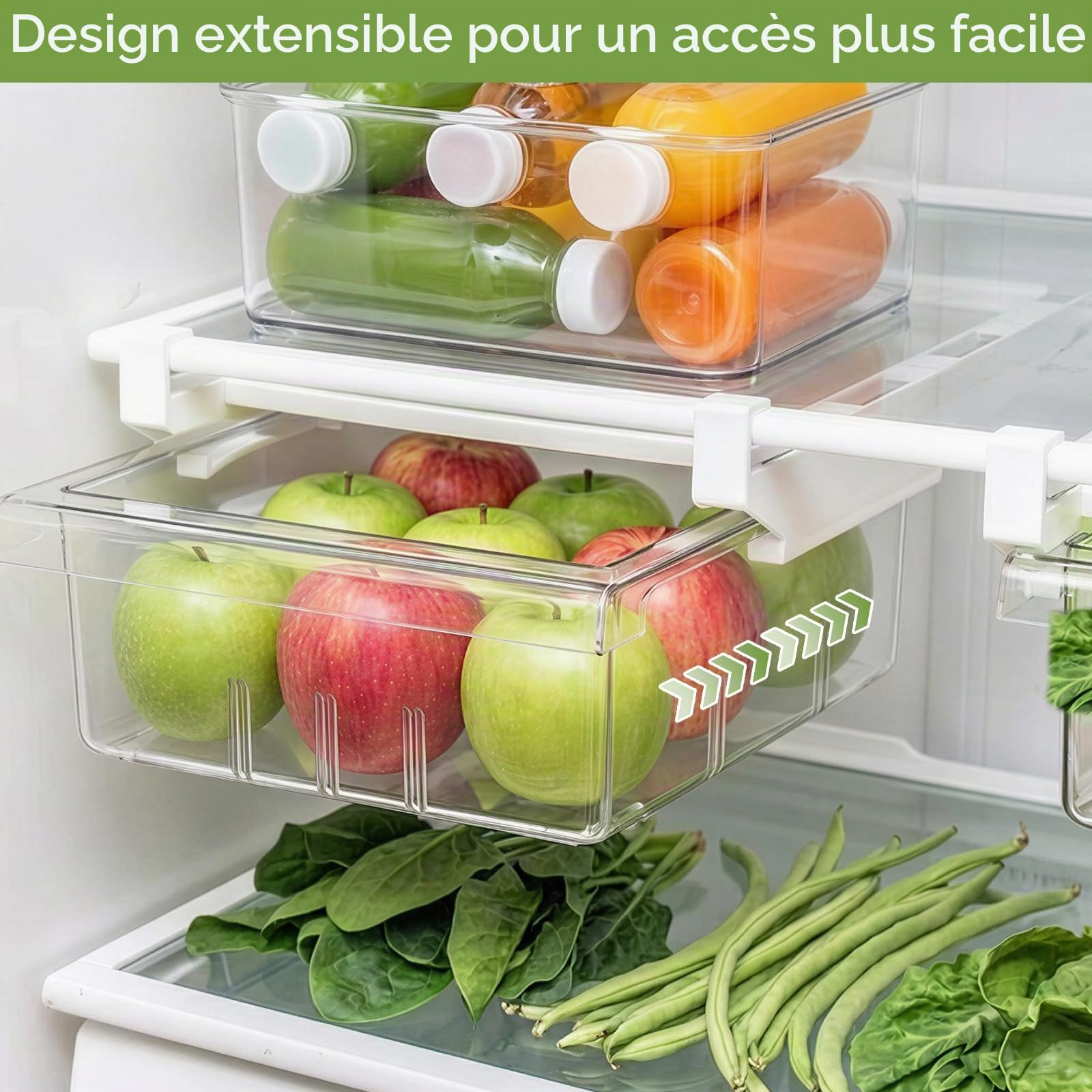 2PCS Organisateur Frigo Tiroir Coulissant Universel - Boîte De Rangement Réfrigérateur Extensible & Transparente - Bac Suspendu Pour Fruits, Légumes - Gain De Place & Installation Facile (Sans BPA)