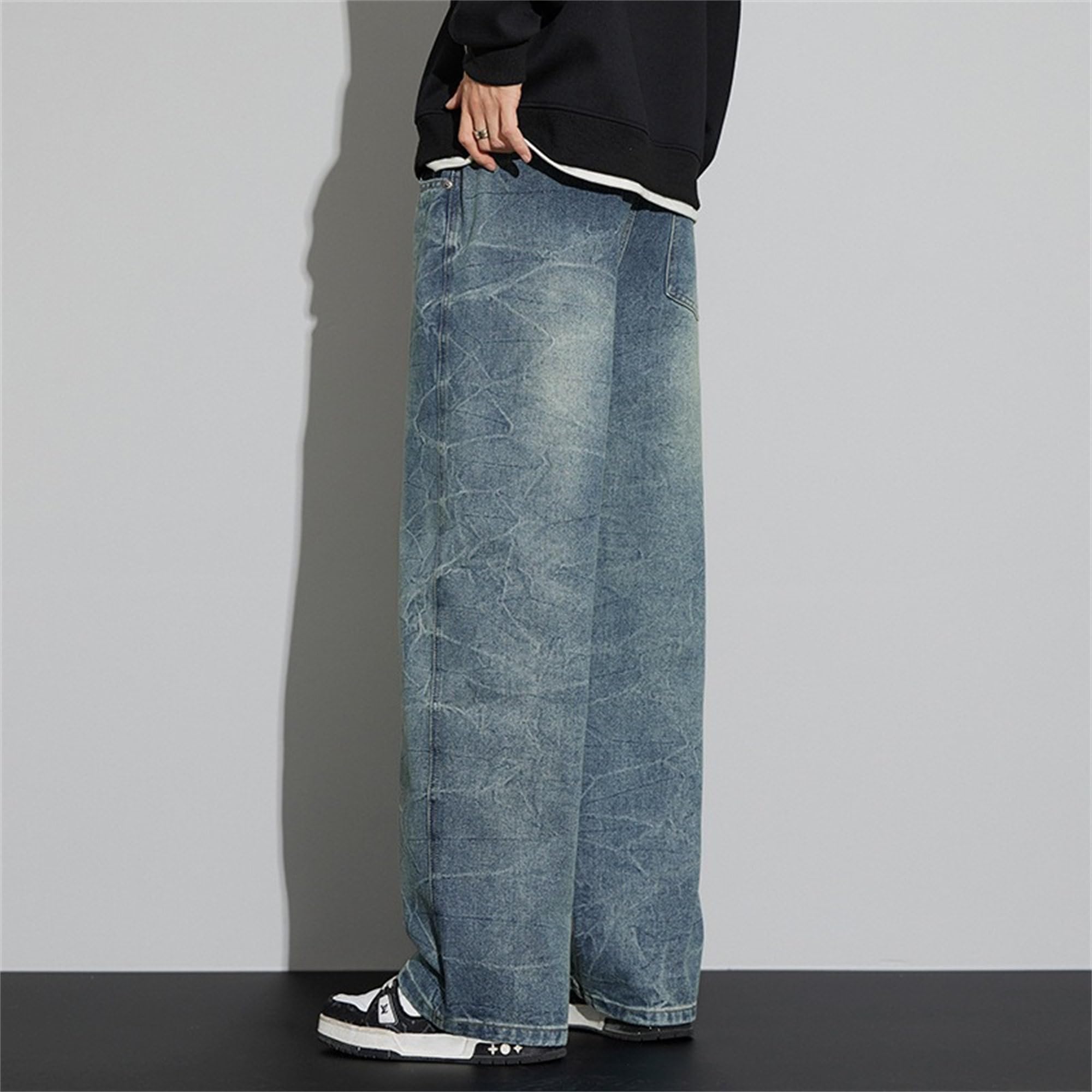 Men's Straight Leg Washed Jeans Hip Hop Wide Leg Denim Pants Baggy Vintage Hip Hop Streetwear Jean Trousers (Blue,3X-Large)