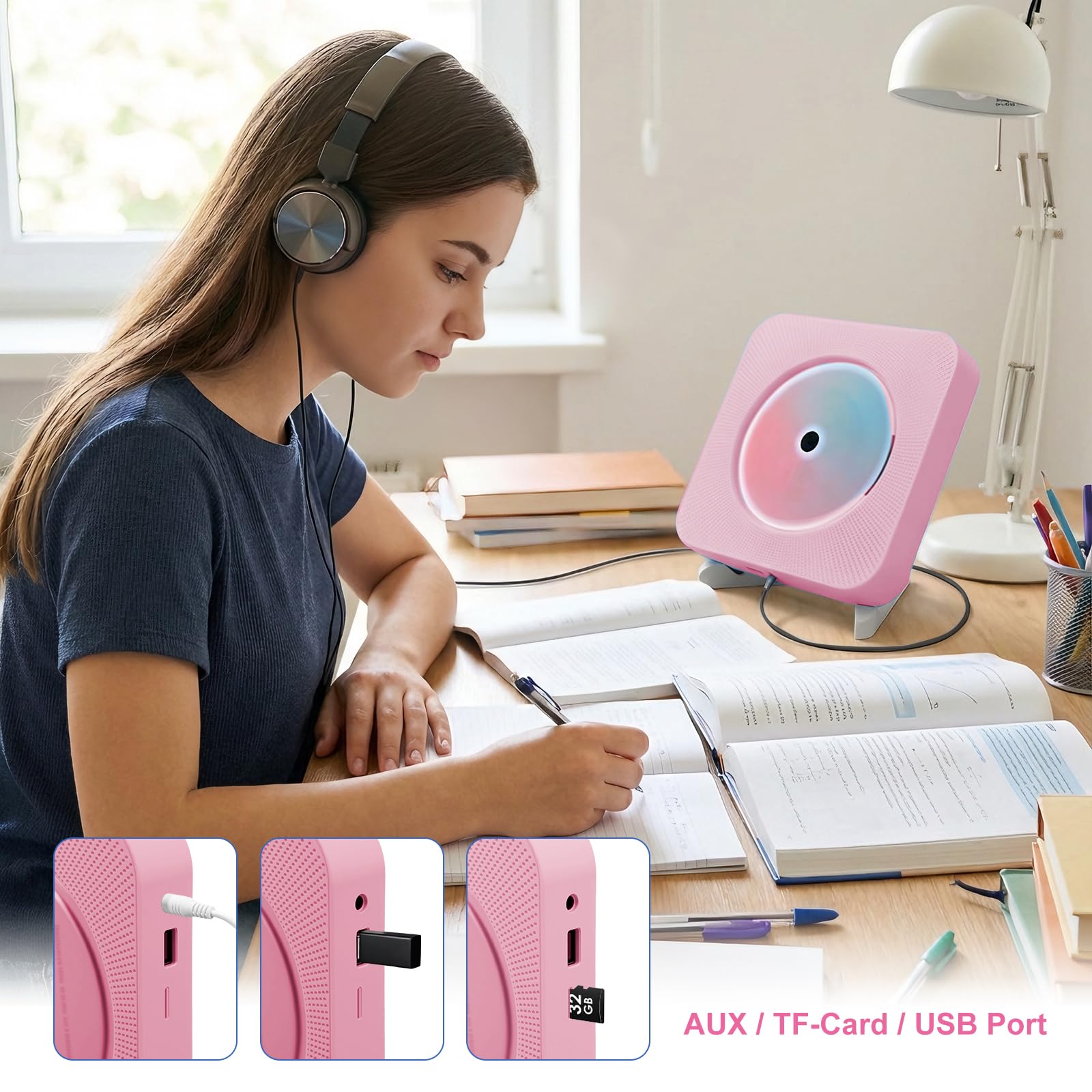 CD Spieler mit Bluetooth Wand und Tischmontage Multifunktional Tragbarer CD Player mit HiFi-Lautsprechern Musik CD-Player Unterstützt AUX/USB für Geschenk (Rosa)