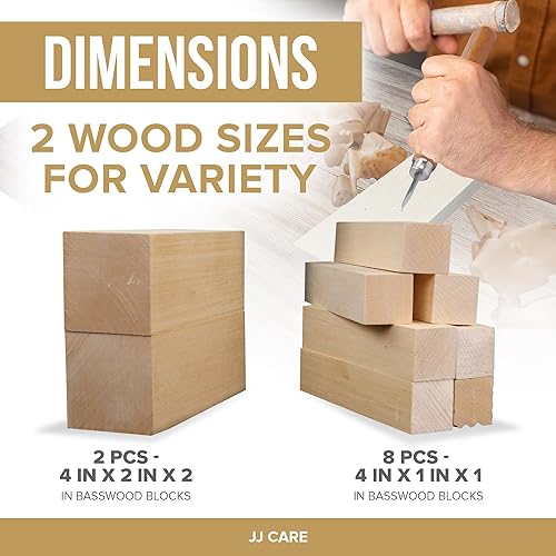 Miniatura 5 de JJ CARE Kit de tallado de madera 12 cuchillos SK2 para tallar madera con estuche, 10 bloques de tallado de tilo y 1 piedra de molienda - Kit de