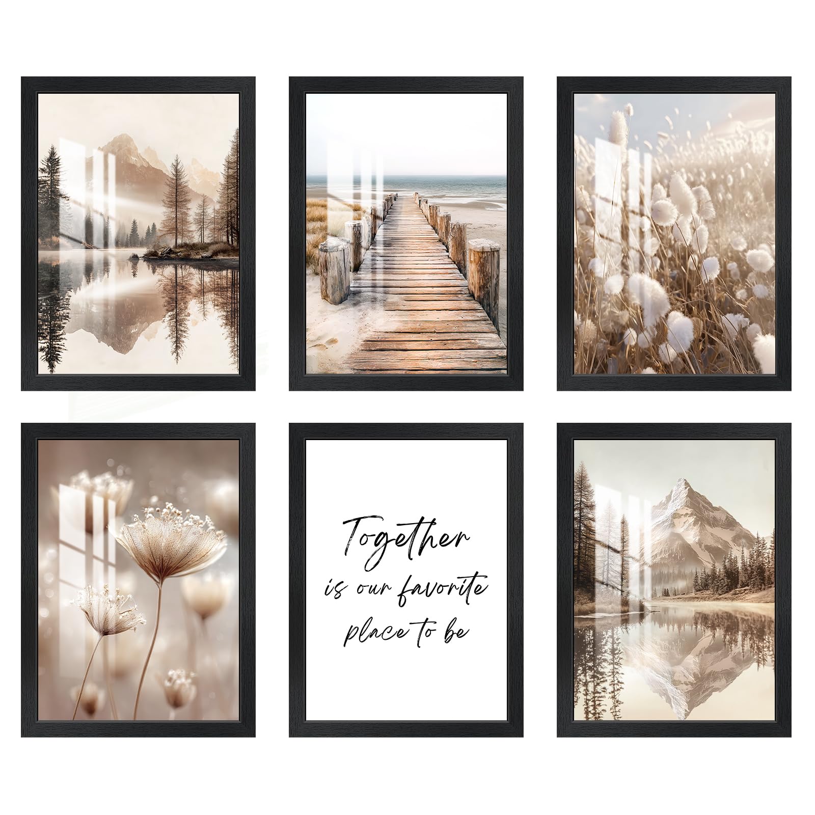 Zestaw ramek na zdjęcia A4 2 cm, zestaw 6 szkła akrylowego HD, 21x29,7 cm, ramki z litego drewna na plakat, do pionowego lub poziomego wyświetlania zdjęć, do zawieszenia na ścianie lub na stole, kolor