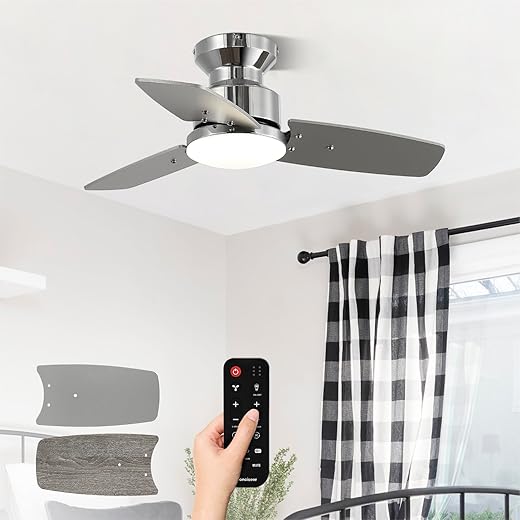 30 Inch Ceiling Fans with Lights and Remote, Bedroom Living Room Office, Flush Mount, 3CCT Dimmable, Dual Color 3 Blades 6 Speed Reversible Quiet DC Motor, Chrome-Plated/Wood Grain