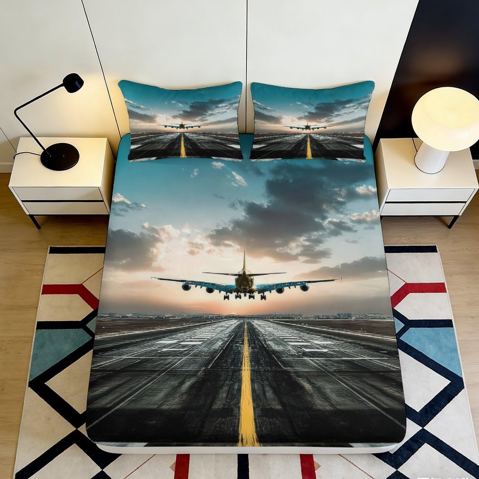 3D Printed Airplane Runway Fitted Sheet Microfiber Soft Breathable Sunset Sky Bed Cover for Bedroom Guest Room 90x200x25cm