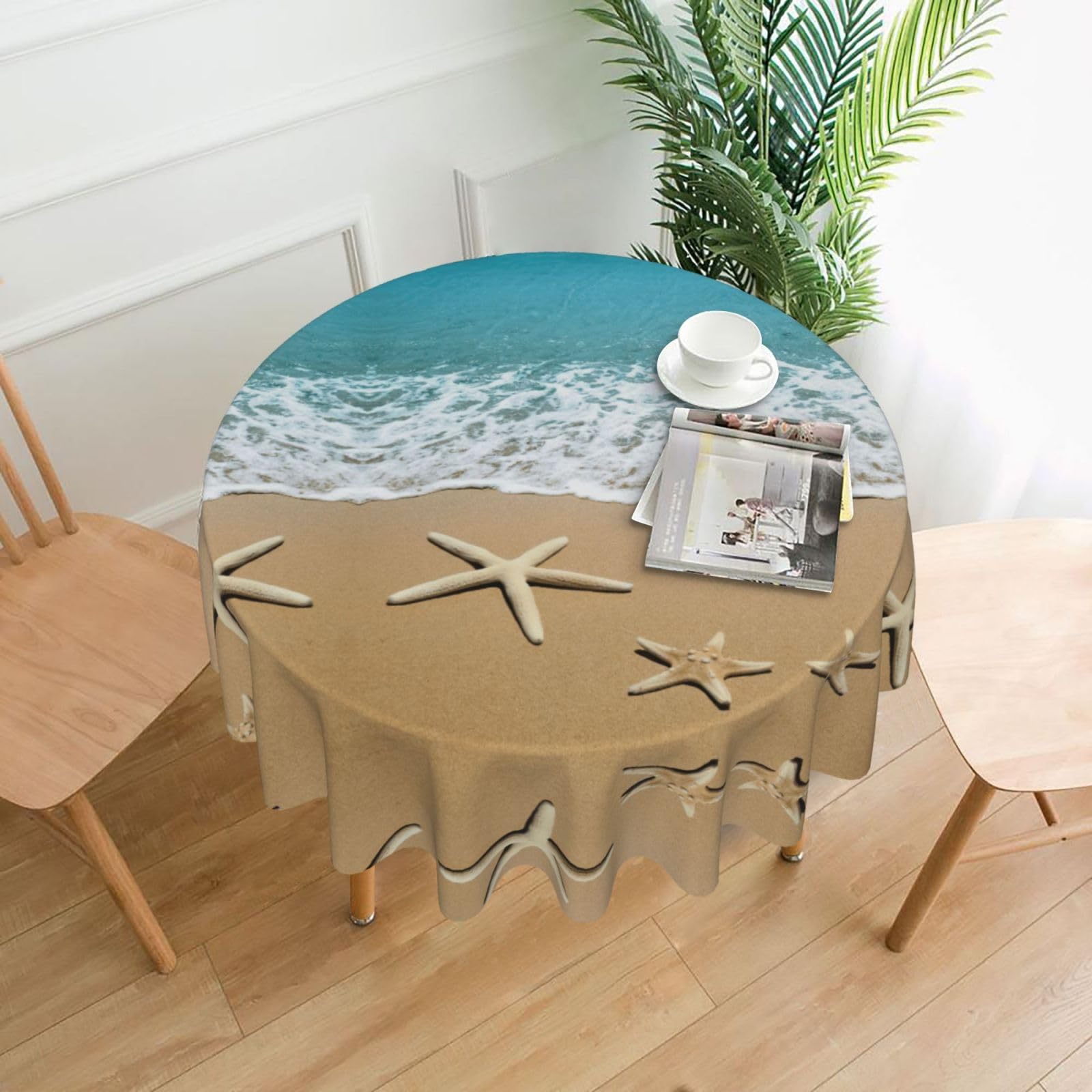 Zcmkjlg Beautiful Starfish on Beach Sand Print Quick Ship Round Tablecloth 60in Polyester Washable Cover for Dining Room