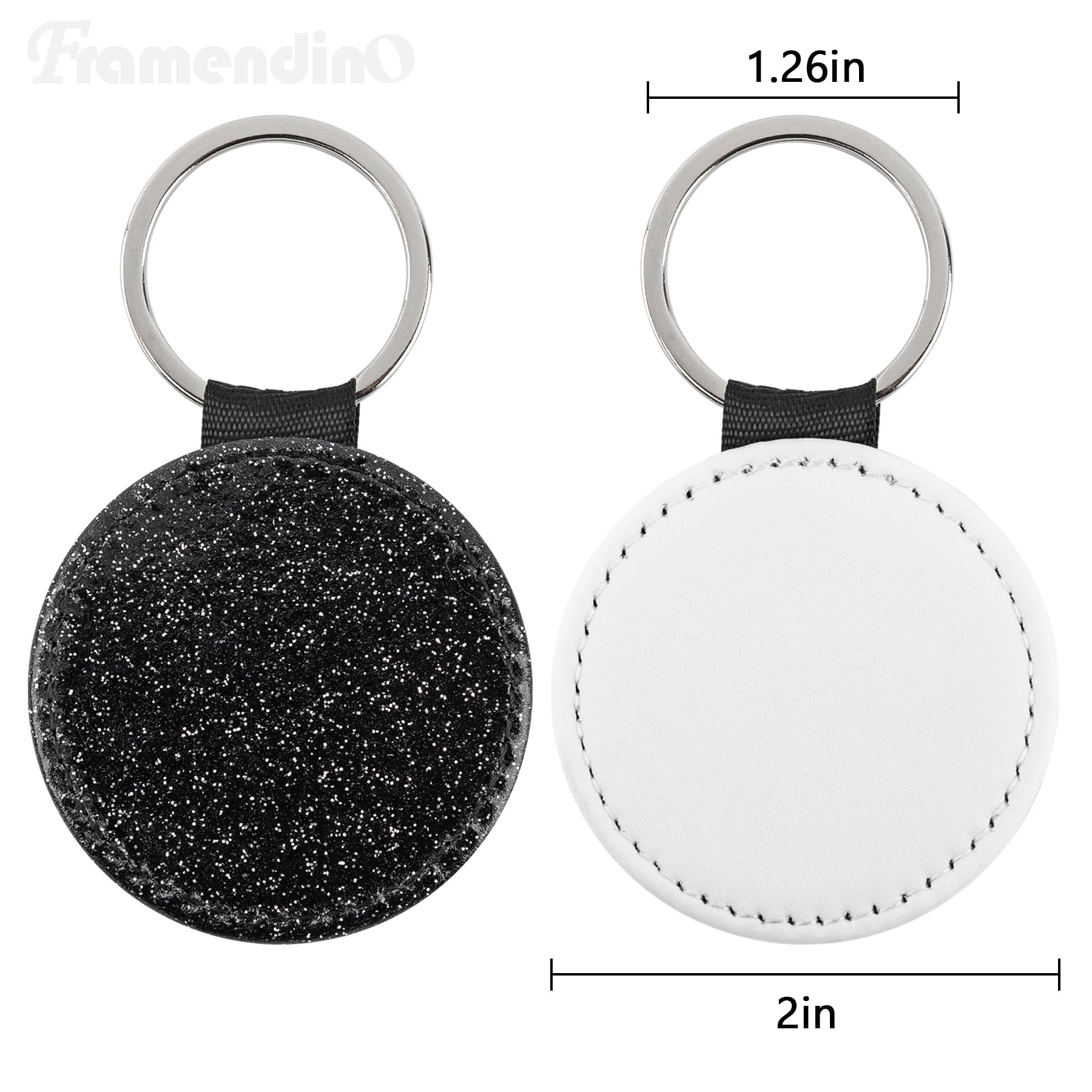 Framendino, 20 Pack Sublimation Blanks Keychain PU Leather Keychains Heat Transfer Key rings Glitter Round Chains for DIY Craft