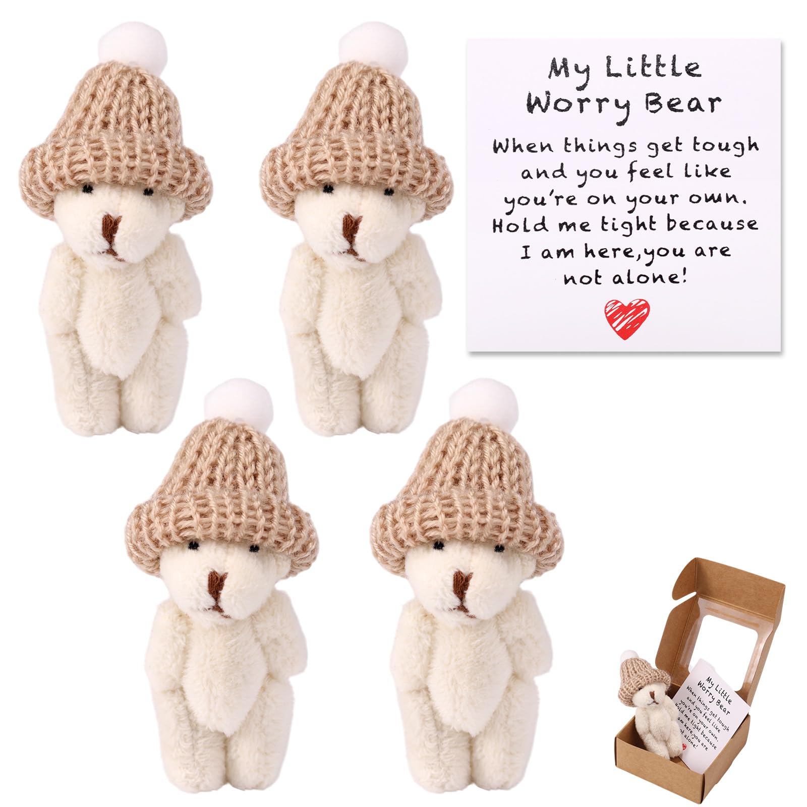 TOYMIS 4 Set Handmade Mini My Little Worry Bear with a Hat in Box