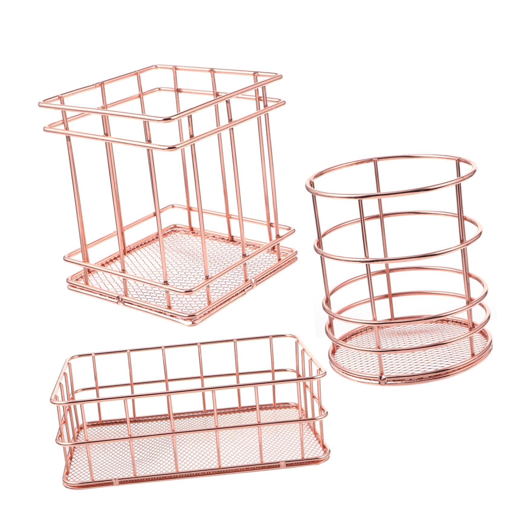 Panier de rangement métallique ajouré rose doré pour organiser le bureau à la maison