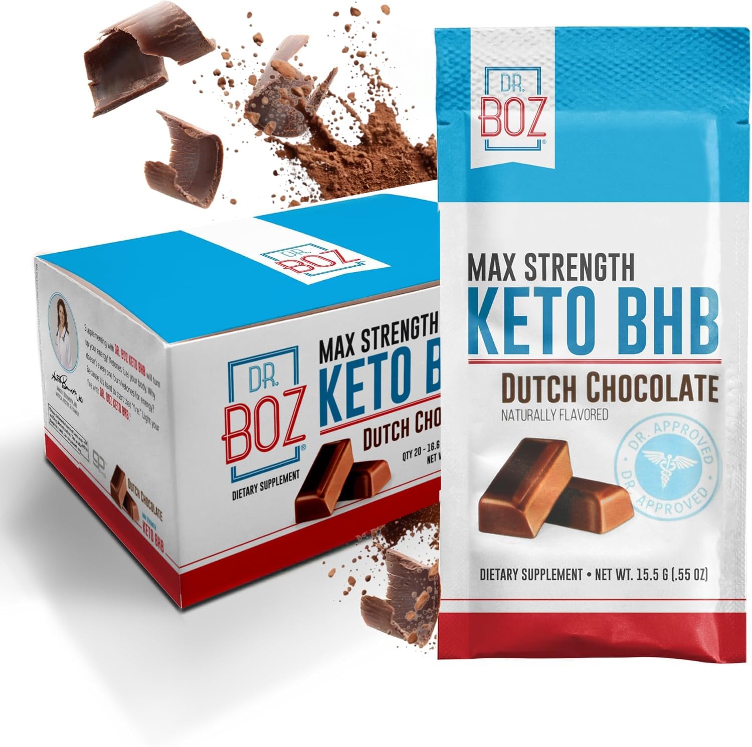 Dr. Boz Keto BHB Powder - Dutch Chocolate, 20 Sachets - Boost Energy & Reduce Cravings - Maximum Potency Dietary Supplement - Made in USA - 11.7 oz (332 g)