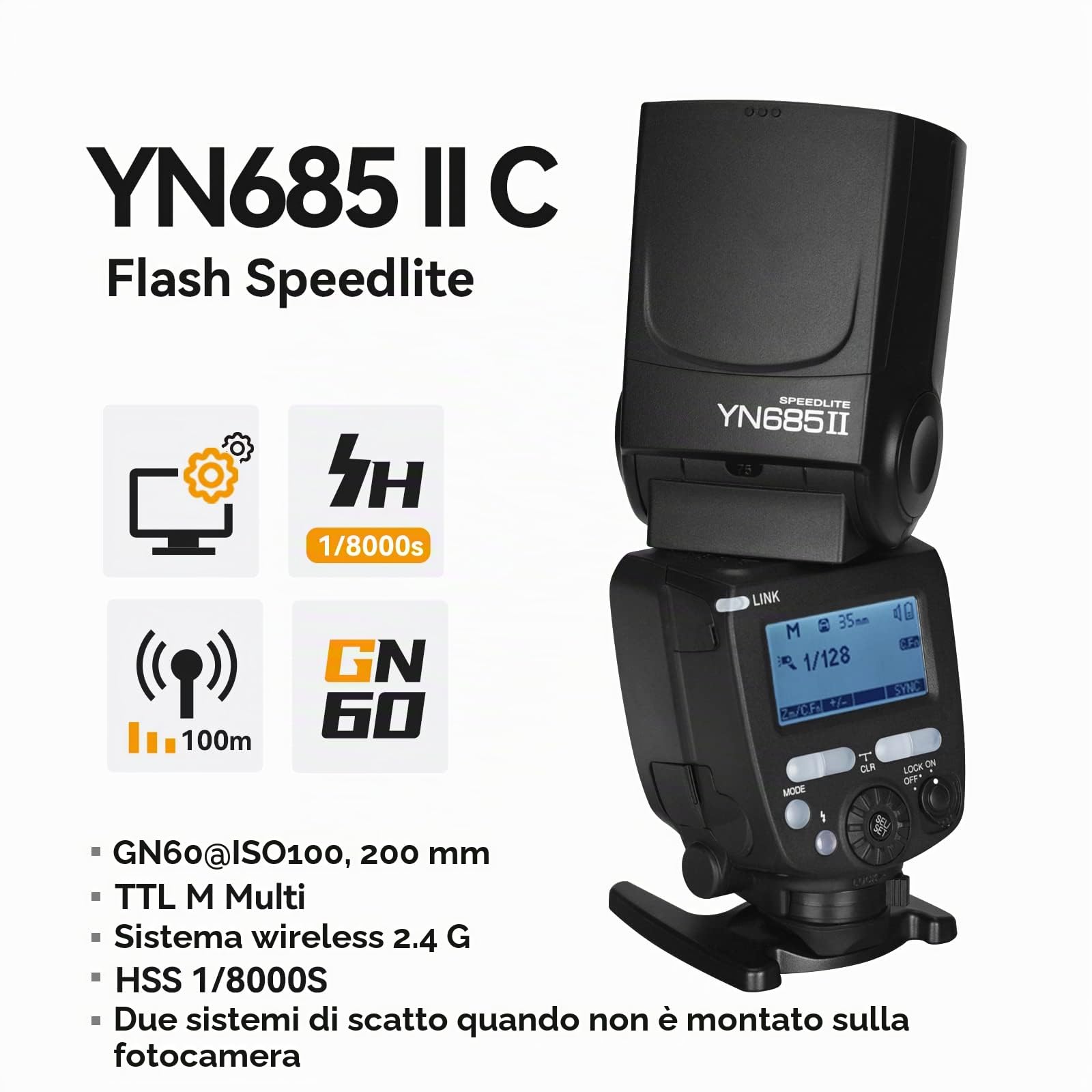 Yongnuo - YN685II, sistema di innesco wireless Flash Speedlite master/slave GN60 ETTL HSS + 2.4 G per Canon 5DIII 6DII 800D 77D 7D2 T4i T3i 1300D 70D