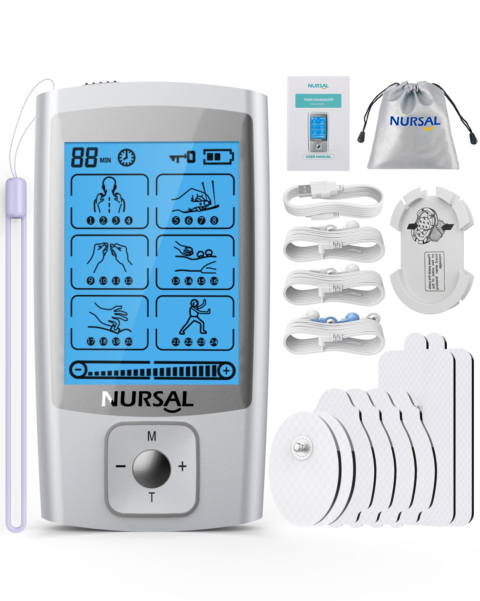 NURSAL 24 Modes TENS Unit Muscle Stimulator for Pain Relief, Rechargeable Electronic Pulse Massager, 8 Pcs Pads, Drug-Free Pain Relief for Shoulder, Back, Muscle, ABS Pads Holder