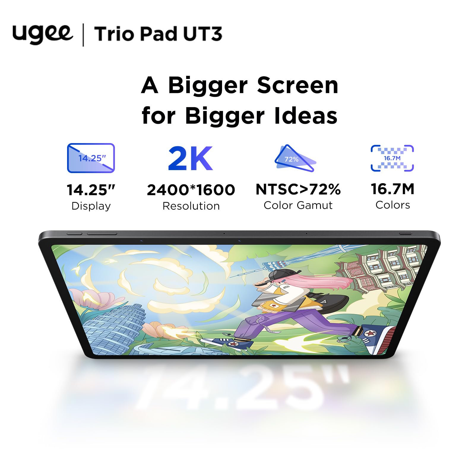 Ugee UT3 Trio Pad, Tablet Multifunción Independiente, sin Necesidad de Computadora, Pantalla Grande de 14,25 Pulgadas y Acabado NanoMatte, Incluye Lápiz U y Smart Folio