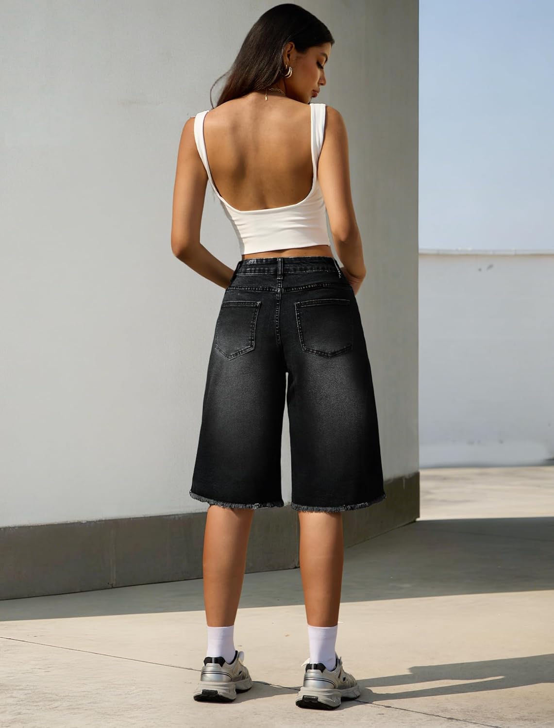 IWD Wide Leg Bermuda Jean Shorts Womens Mid Rise Stretchy Vintage Denim Y2K Shorts Raw Hem Baggy Jean Jorts - Image 6