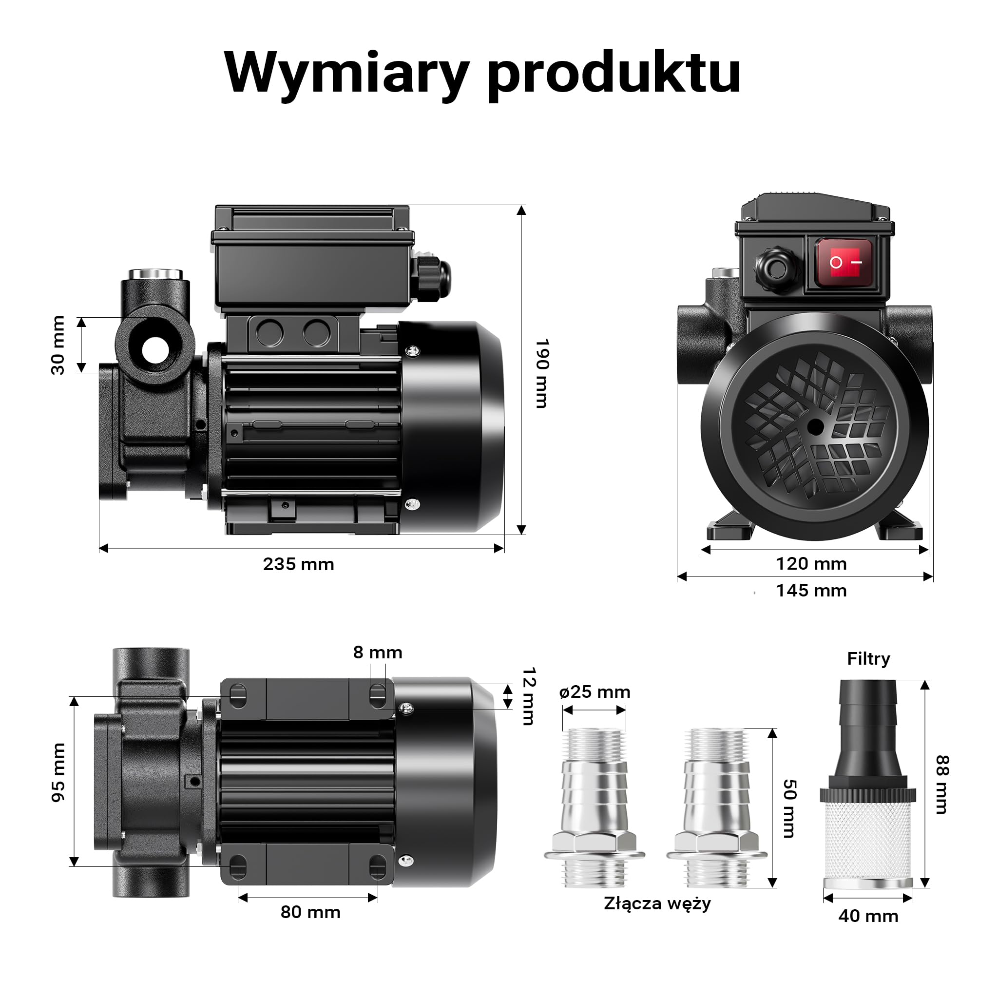 Wiltec Pompa do oleju napędowego, opałowego i biodiesla 550 W 80 l/min, wysokość ssania 2 m tłoczenie 20 m, samozasysająca