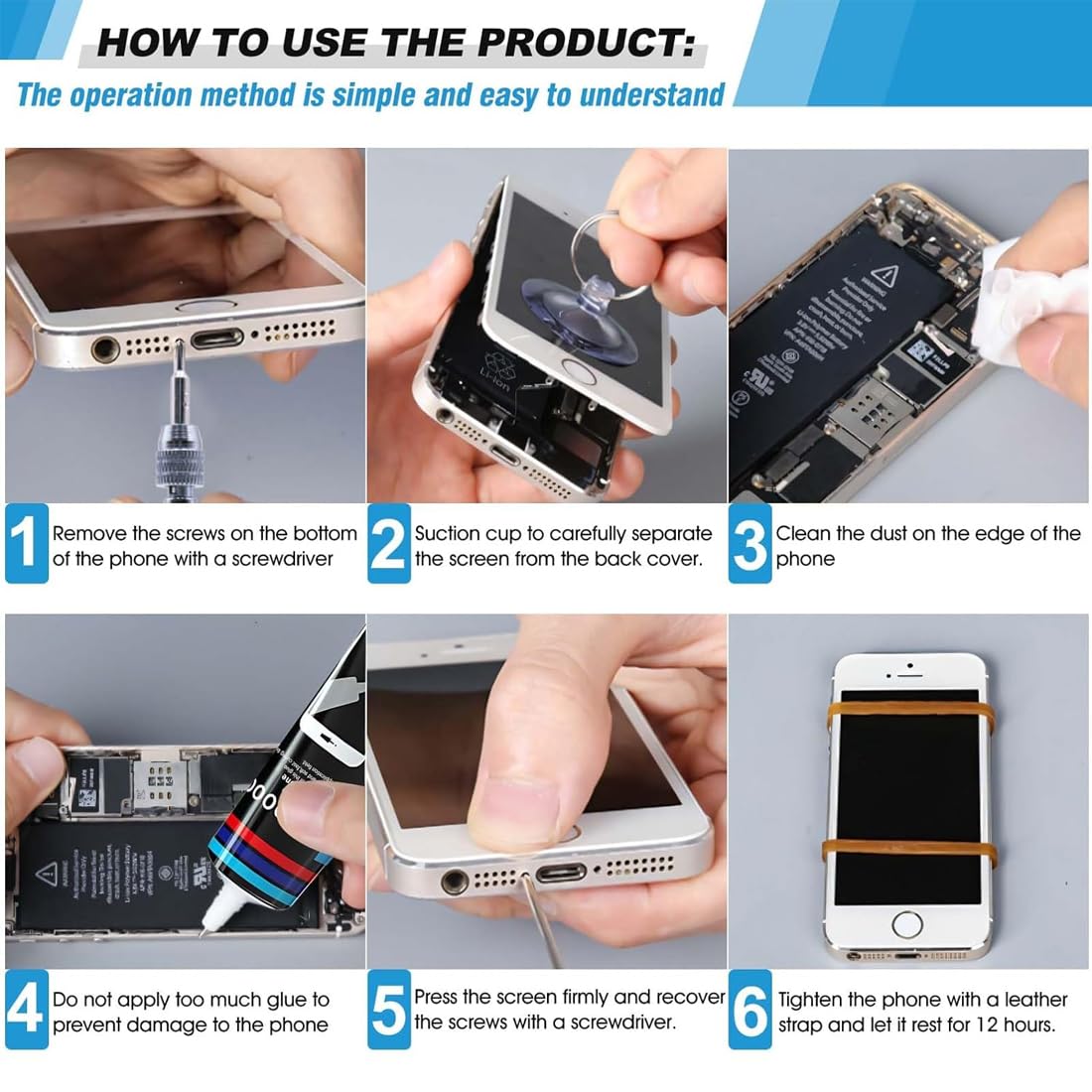 Colla per Cellulari Kit di Riparazione Schermo, Adesivo Trasparente per Display Smartphone con Attrezzi, Impermeabile e Antipolvere, per Telefono, Tablet, Fotocamera