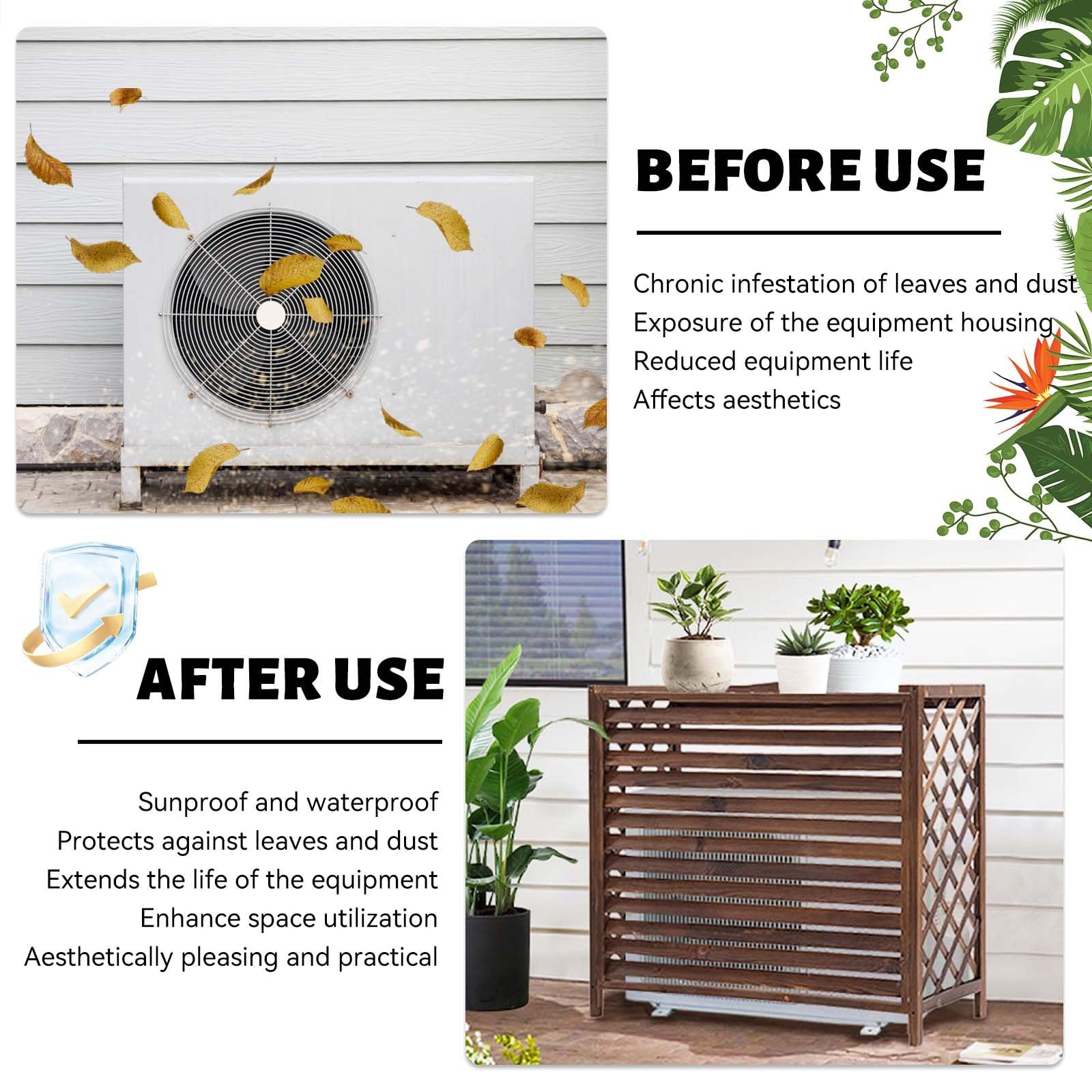 Cache Climatiseur Extérieur En Bois Massif - Housse Pare-soleil Et Imperméable Pour Unité Extérieure (style Rustique, Ventilation Optimisée)