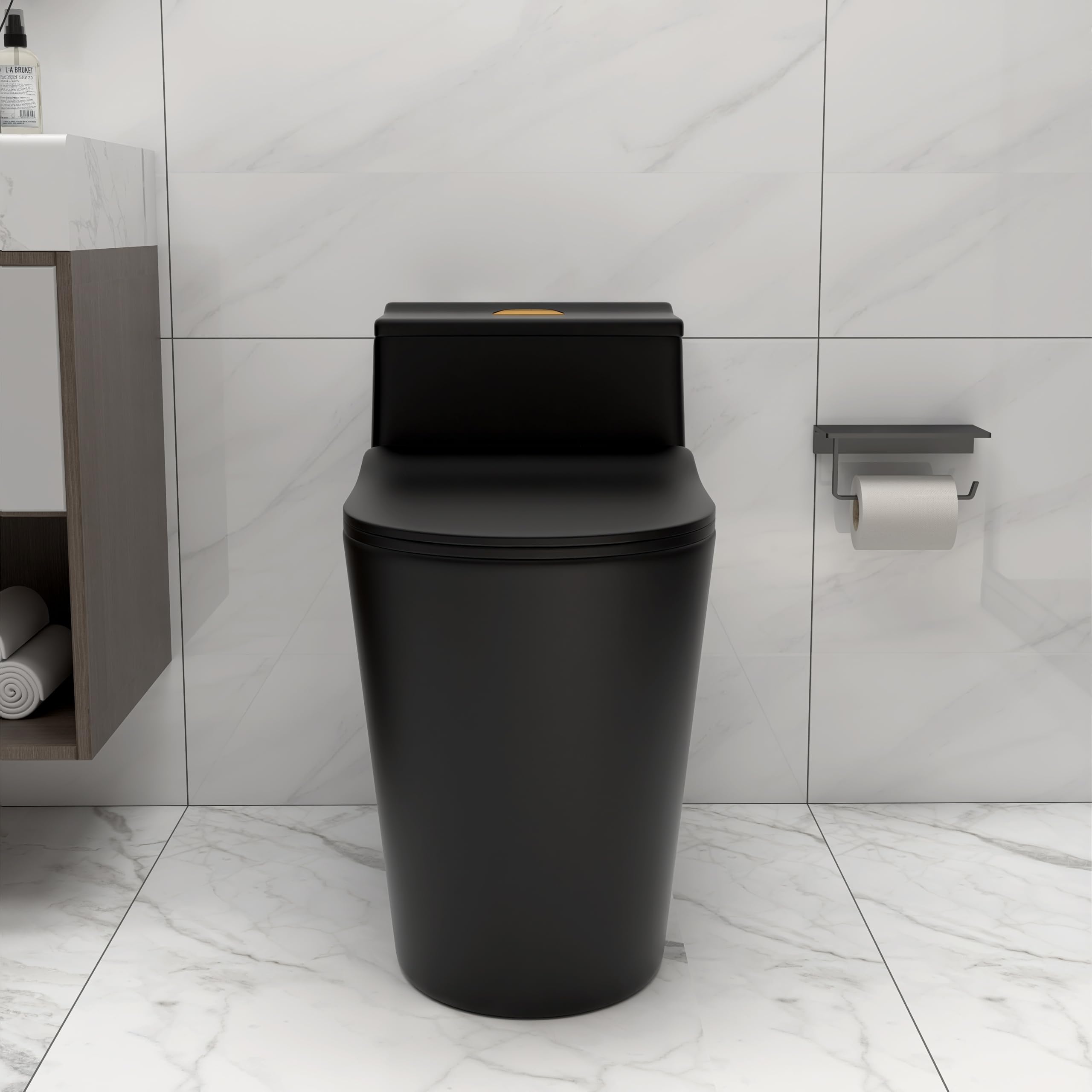 One Piece Elongated Dual Flush Toilet With UF Comfortable Seat Black and Powerful Flushing