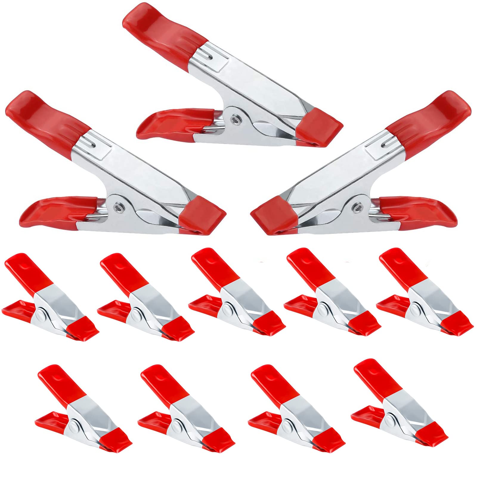 KASTWAVE Small Metal Spring Clamps with Rubber Coated Tipped Grip, 12 Pcs Heavy Duty Tent Clips for Woodworking Camping, Silver, 2 Inch and 4 Inch