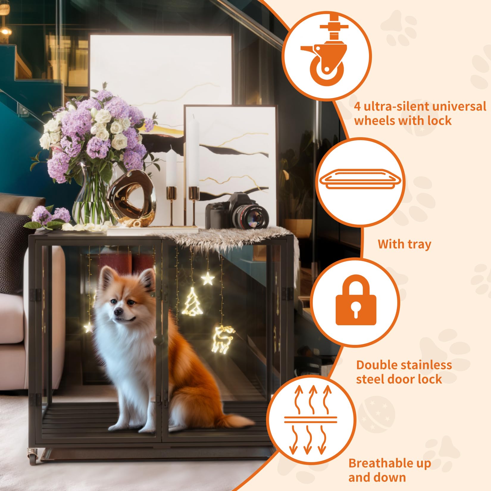 BingoPaw Hundekäfig Möbel Hundebox Indoor: Hundeboxen im Möbelstil aus Aluminium und gehärtetem Glas, Modern Hundehaus für kleine Hunde bis 50kg, M: 76x58.5x66.5 cm, schwarz