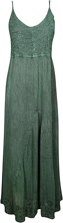 Mogul Interior Women's Boho Maxi Dress Green Embroidered Stonewashed Long Strap Dresses S/M