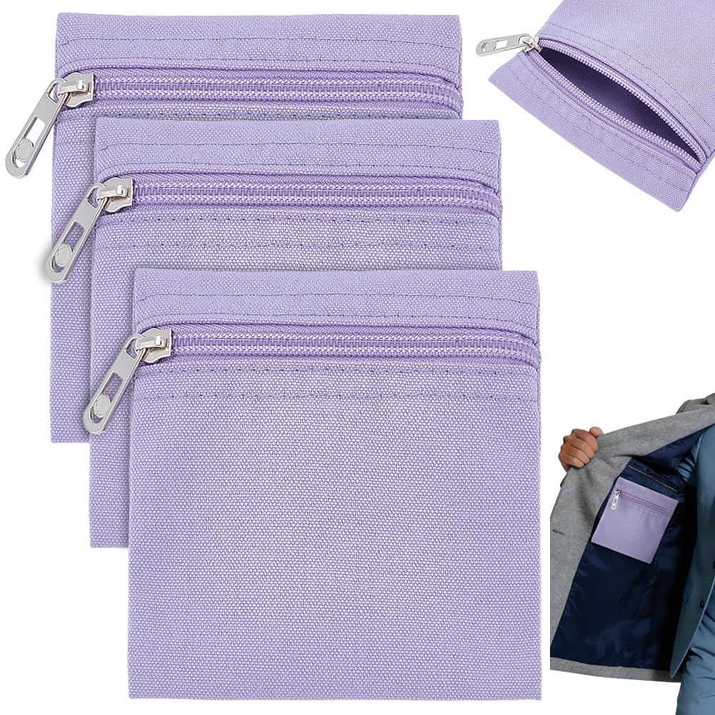 BENECREAT 3 Packs Sew in Side Pocket with Zipper, 12x11x0.2cm/4.7x4.3x0.08 Inch Canvas Cloth Hidden Pocket for Jackets Sweatshirts Travel Accessories, Medium Purple
