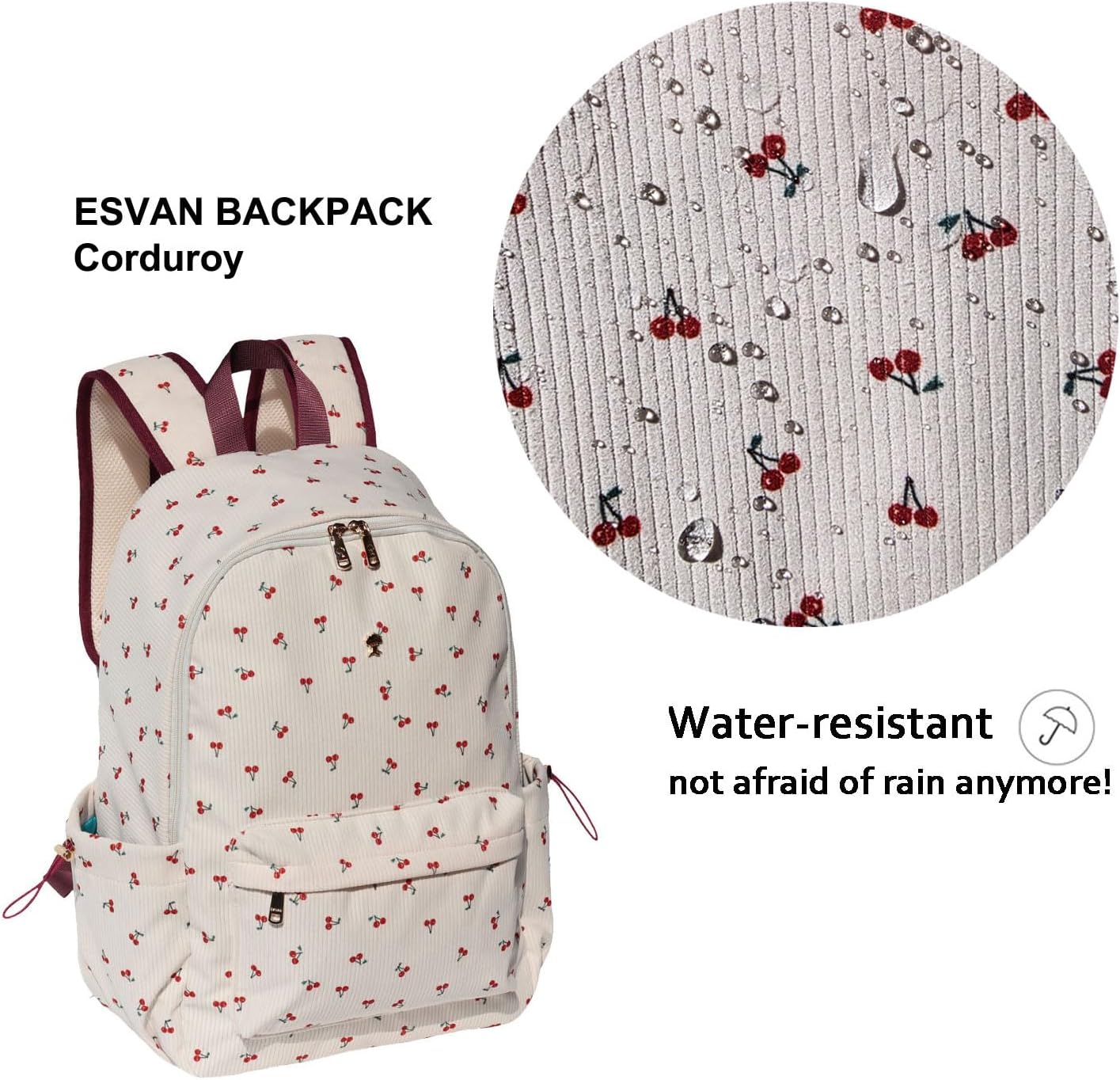 ESVAN Corduroy Backpack Lightweight Fashion 17 inch Laptop Bag for Women Casual College (Corduroy cherry)