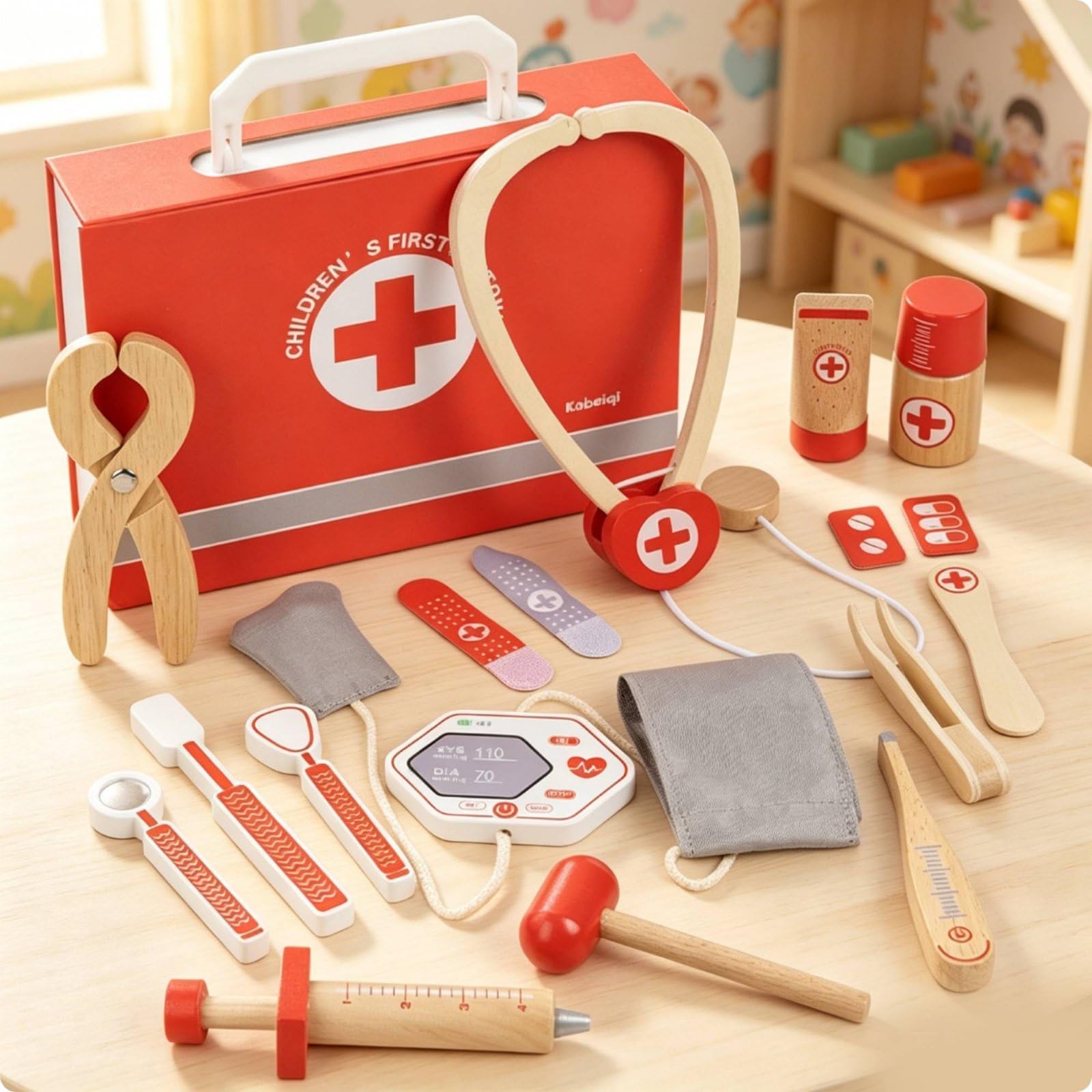 Gioco Del Dottore Bambini Set Medico Finto Kit Dottore Giocattolo Valigetta Legno con Pezzi Lisci E Tattili per Esplorazione Fiducia E Narrazione , Scatola Regalo
