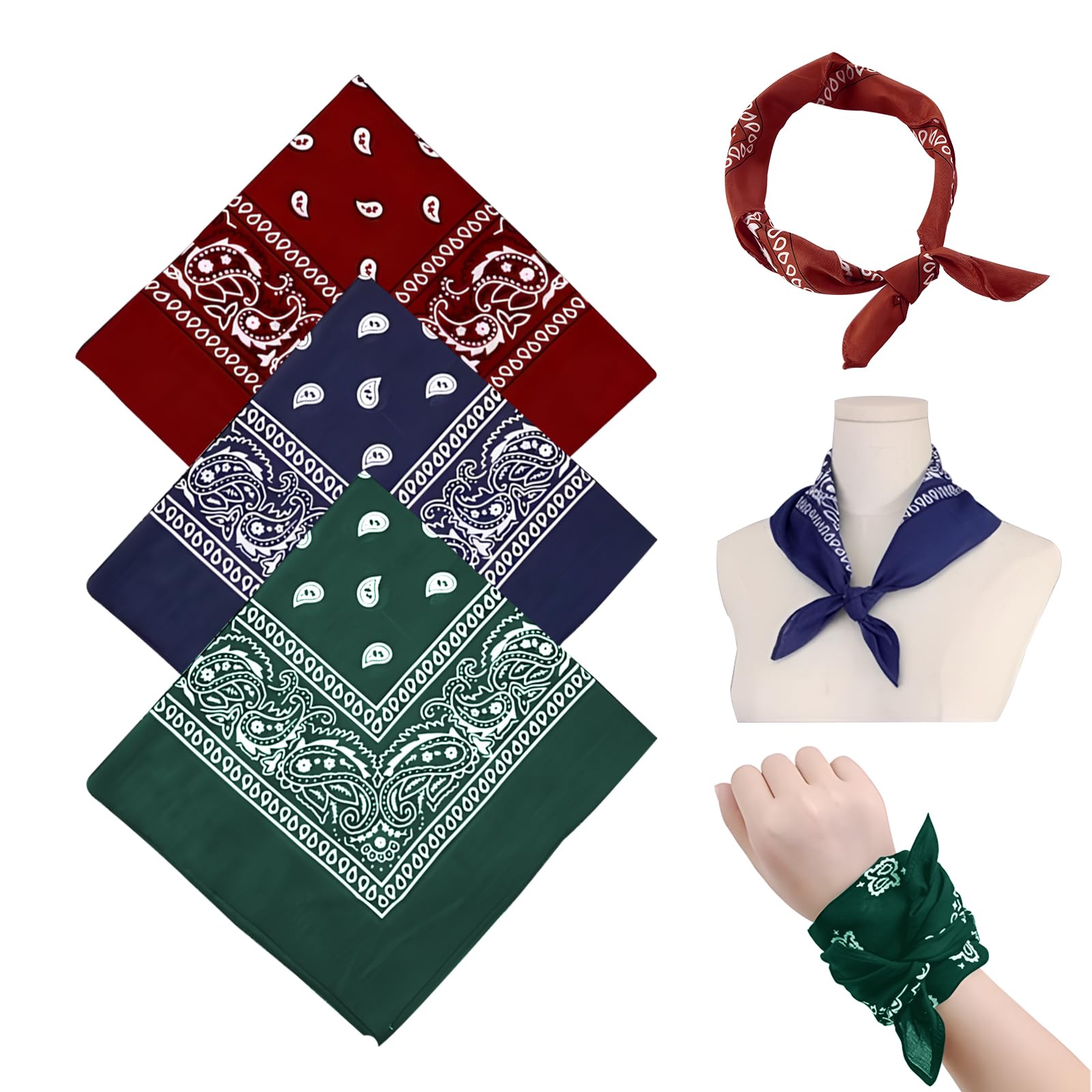 3 Bandanas Multiusos con Estampado Paisley, Unisex, Diademas, Diademas para Mujer y Hombre, Accesorios Vaquero