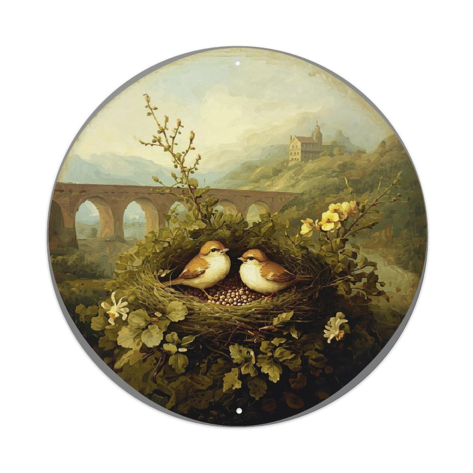 Birds Nest In Landscape Painting Metal Tin Sign Plaque