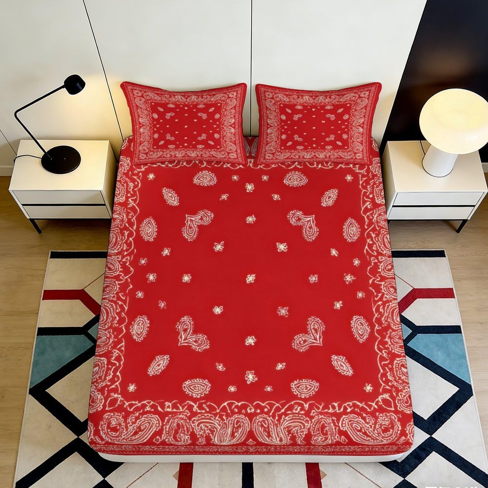 3D Printed Paisley Red Fitted Sheet Microfiber Soft Decor Bandana Pattern Mattress Cover for Bedroom Guest Room Dorm 90x200x25cm