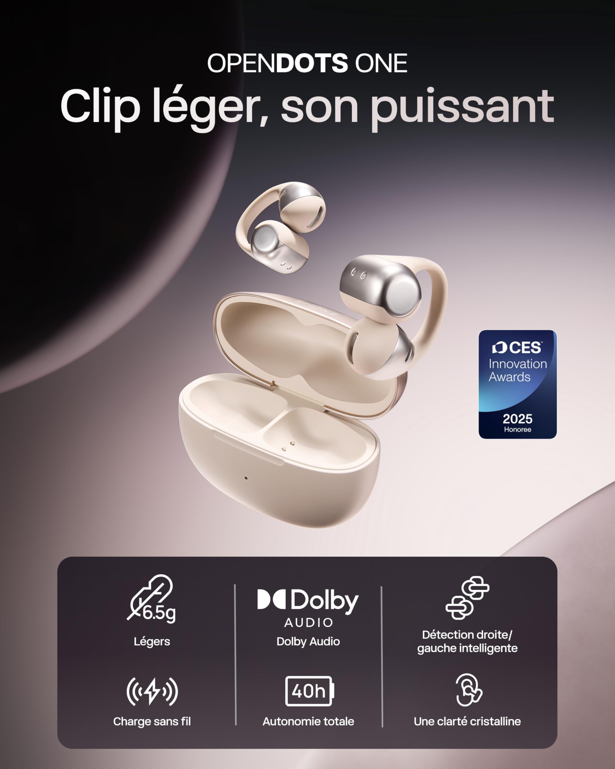 SHOKZ OpenDots One écouteurs Clip-on à Oreilles Libres, IP54 - Gris | audio dolby premium, à clip 6, 5 g, bluetooth 5.4, sans fil avec microphone, chargement rapide, 40 h d’autonomie, IP54
