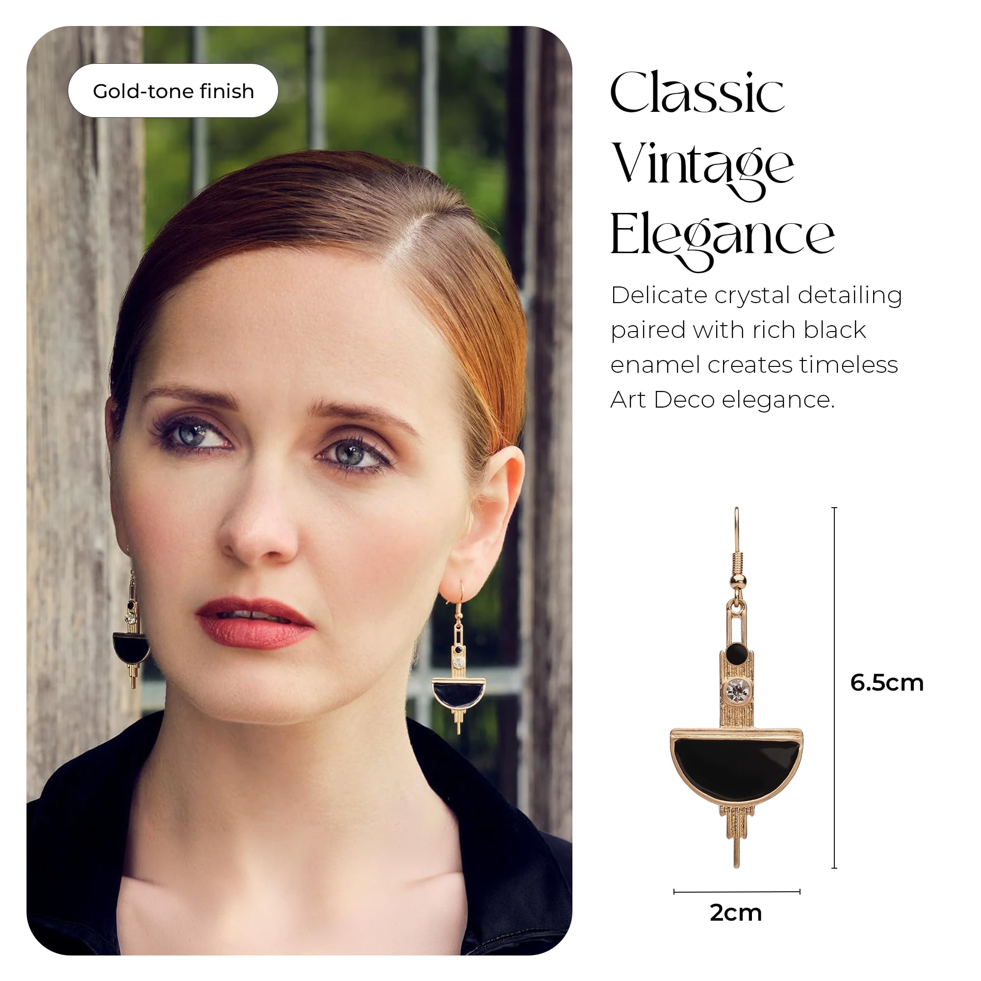LOVETT& CO Art Deco Black Enamel Earrings - Vintage Crystal Drop Earrings, Elegant Diamante Dangle Earrings for Women, Antique Style Jewellery