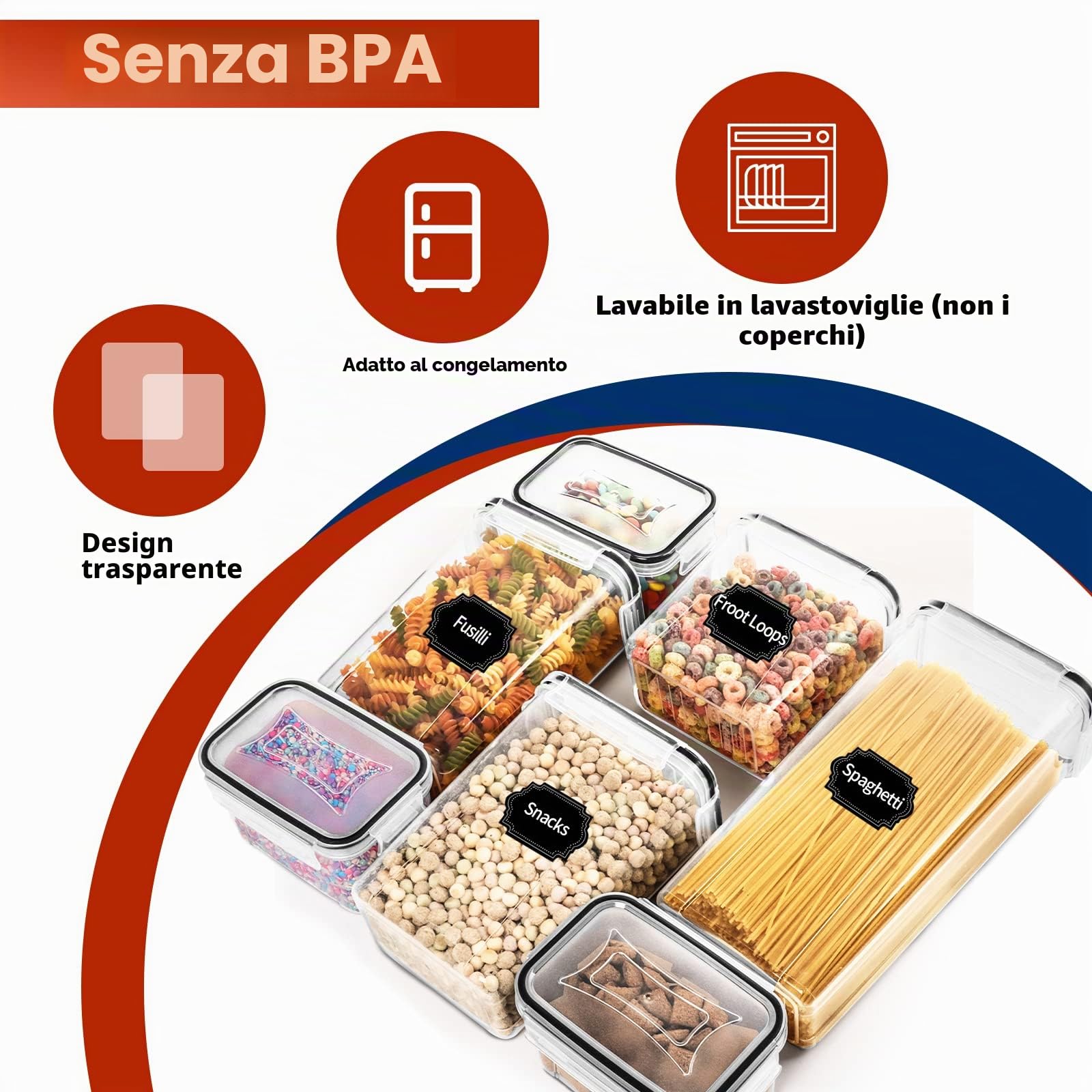 Skroam Set di 24 barattoli ermetici da cucina, senza BPA, per cereali, farina e zucchero, colore nero