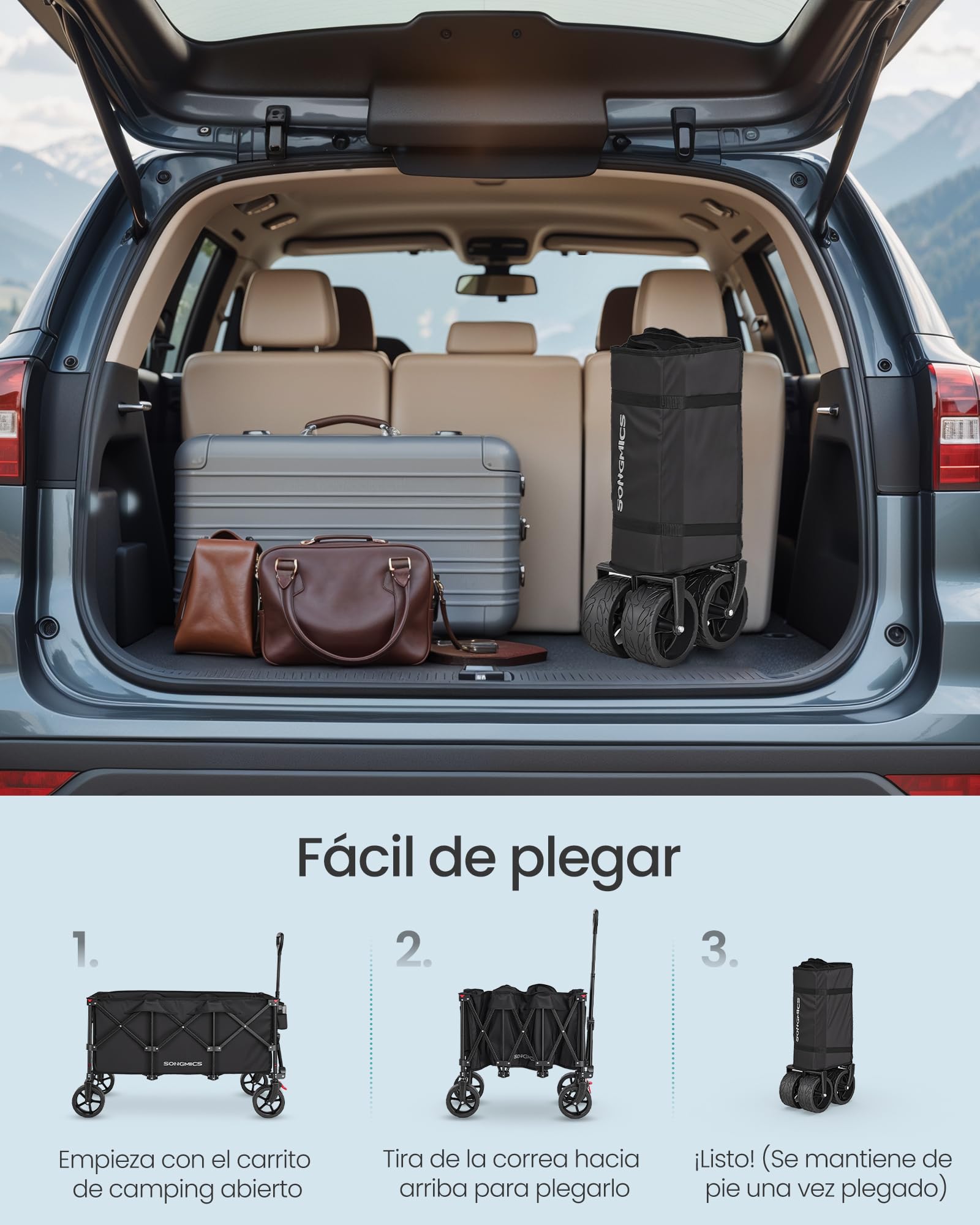 SONGMICS Carro de Mano Plegable con Asa, 4 Ruedas Desmontables, Carro de Jardín para Exterior, Playa, Camping, Carga de 150 kg, 200 L, Negro Tinta GFW200B01