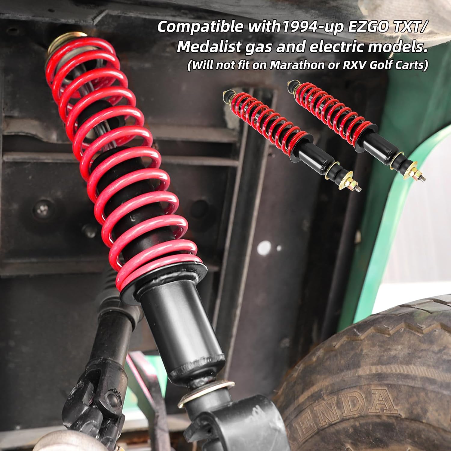 Roykaw Golf Cart Front and Rear Shock Absorbers Kit Compatible with EZGO TXT/Medalist (1994-up) Gas and Electric Models, Red Coil Over Shock Absorbers, 2PCS, OEM# 70928-G01, 76418-G01, 70630-G01
