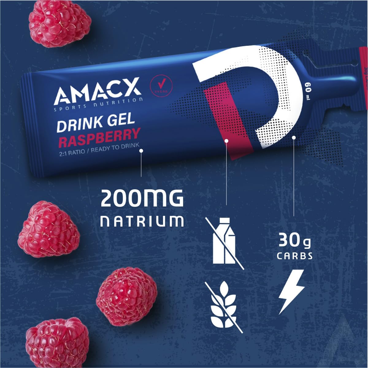 AMACX Energy Gel – Gel Energetique Velo et Course a Pied – Paquet de 12 – Gel sportif avec maltodextrine et Electrolyte – 30g de Glucides et 200mg de Sodium – Framboise