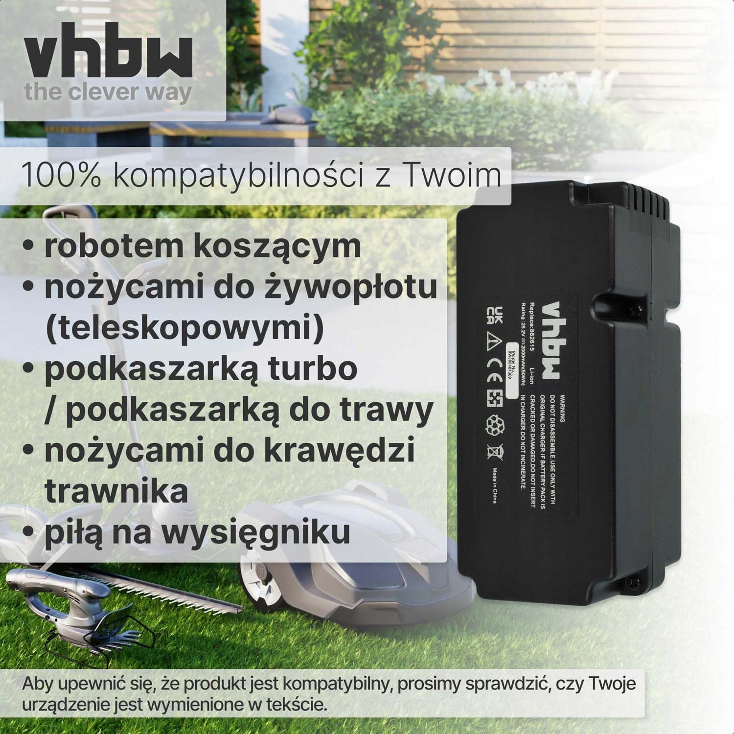 vhbw Bateria zamienna do 862601 | 862615, 862617, 862618, 0862622, 0862622001 do kosiarek automatycznych (2000 mAh, 25,2 V, litowo-jonowy)