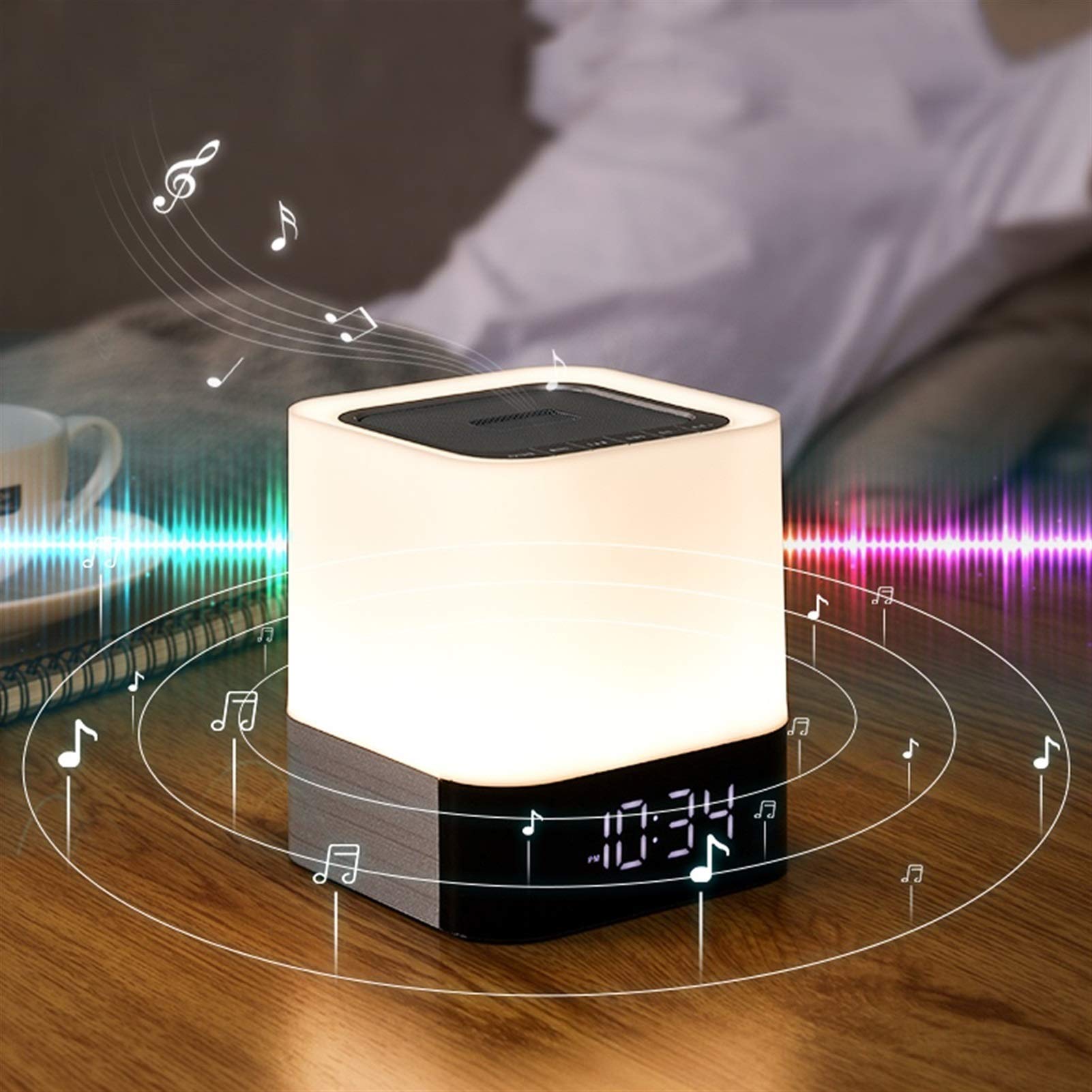 Lámpara Mesilla/Lámpara Escritorio Lámpara de noche de luz nocturna con altavoz Bluetooth Control táctil Calendario digital Reloj despertador, soporte TF y tarjeta SD, mejor para dormitorios niños Lám