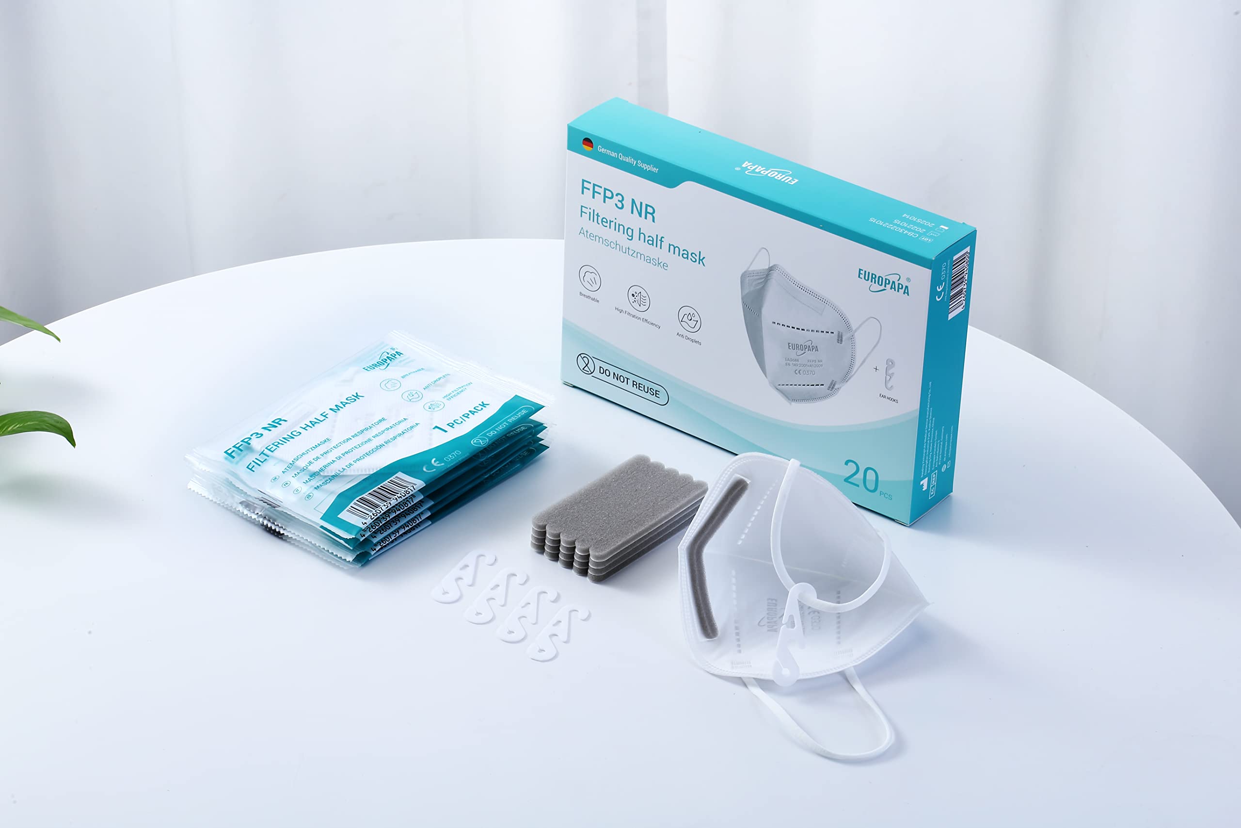 EUROPAPA® 20x Masques Blancs FFP3 Masque Respiratoire Masques Anti-PoussiÈRe 5 Couches EmballÉS HygiÉNiquement Individuellement Corps CertifiÉ EN149:2001+A1:2009 Masque Facial EU2016/425