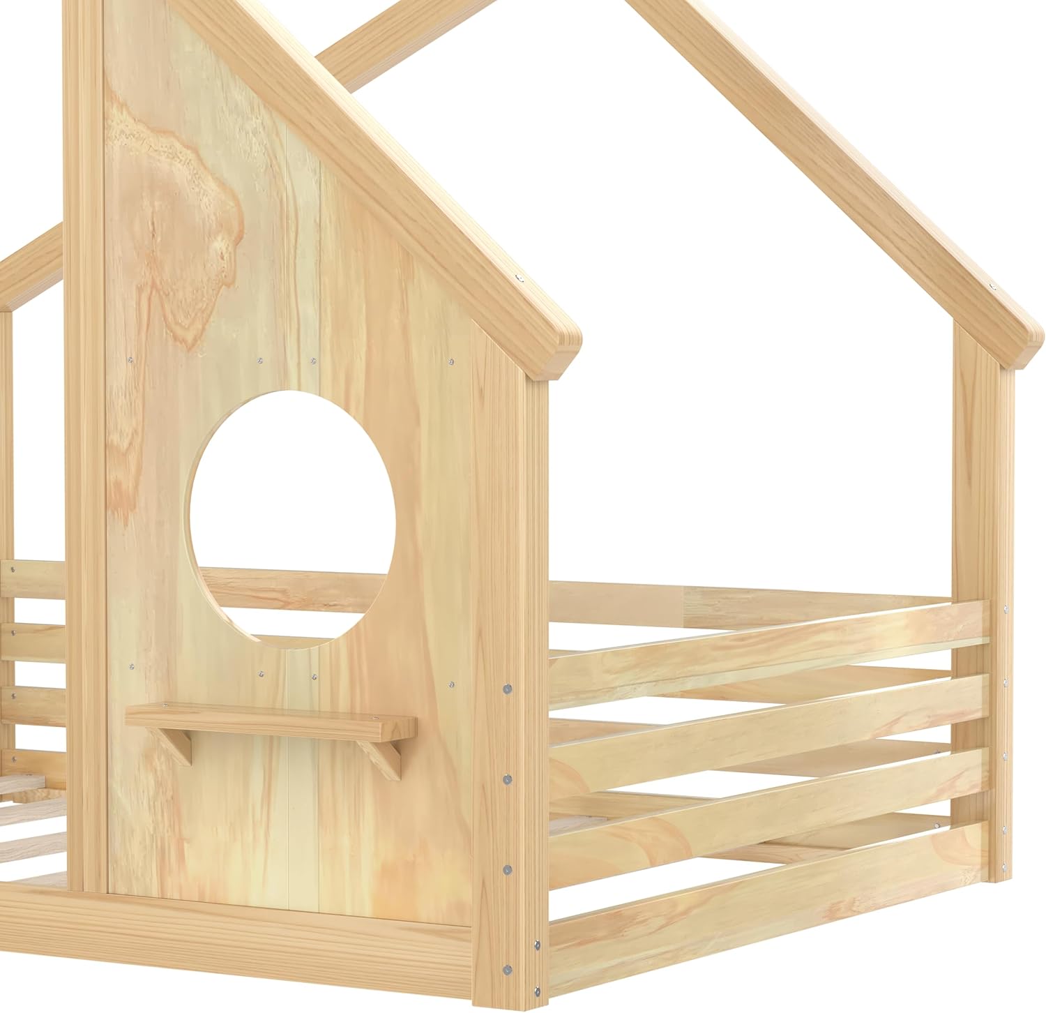 Bellemave Full House Floor Bed with Rail for Kids, Wood Montessori Floor beds with Window and a Small Shelf for Kids, Natural