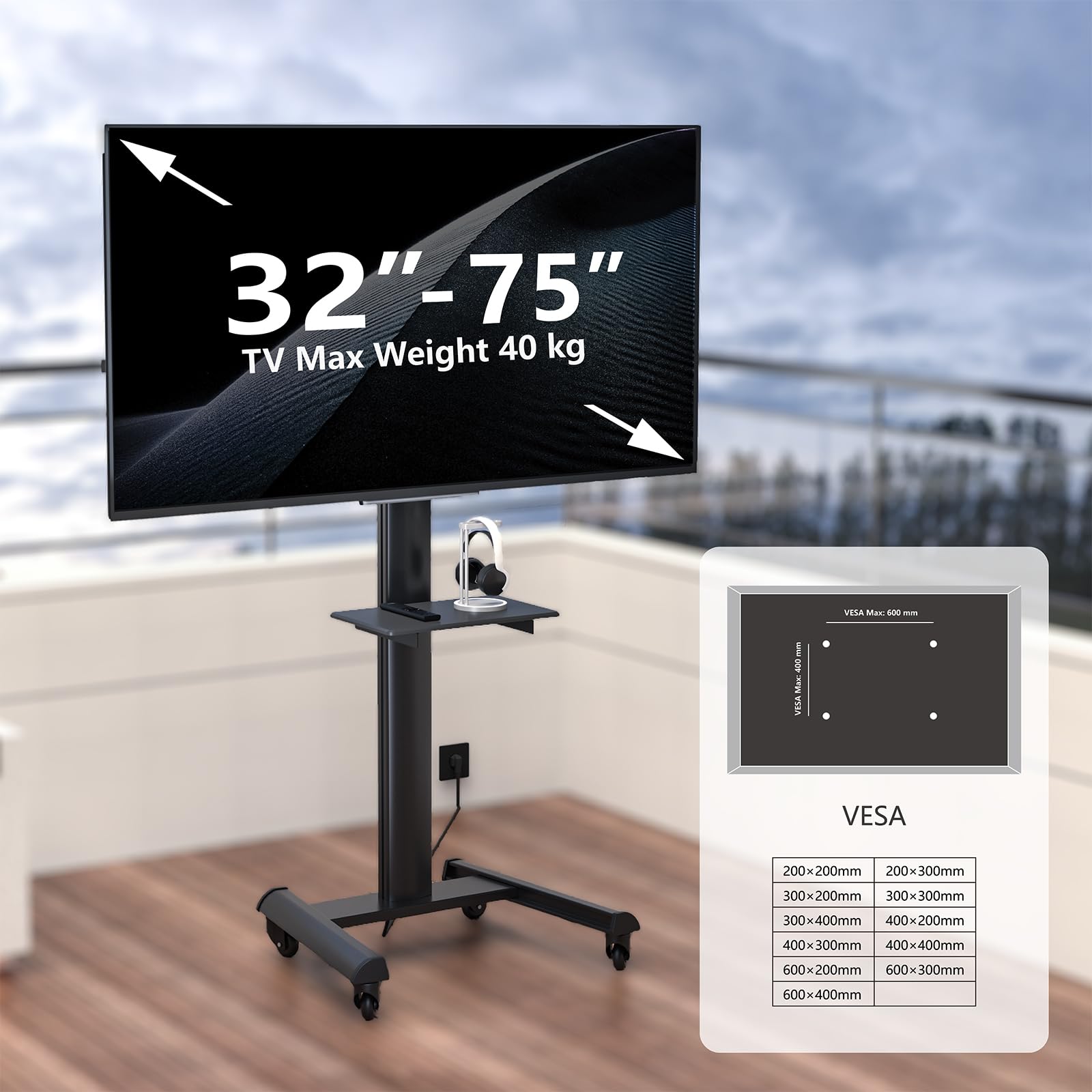 Proton 500 Supporto TV mobile con ripiano, prese di corrente, porte USB, altezza 211 cm, formato verticale orizzontale 32-75 pollici, 40 kg nero