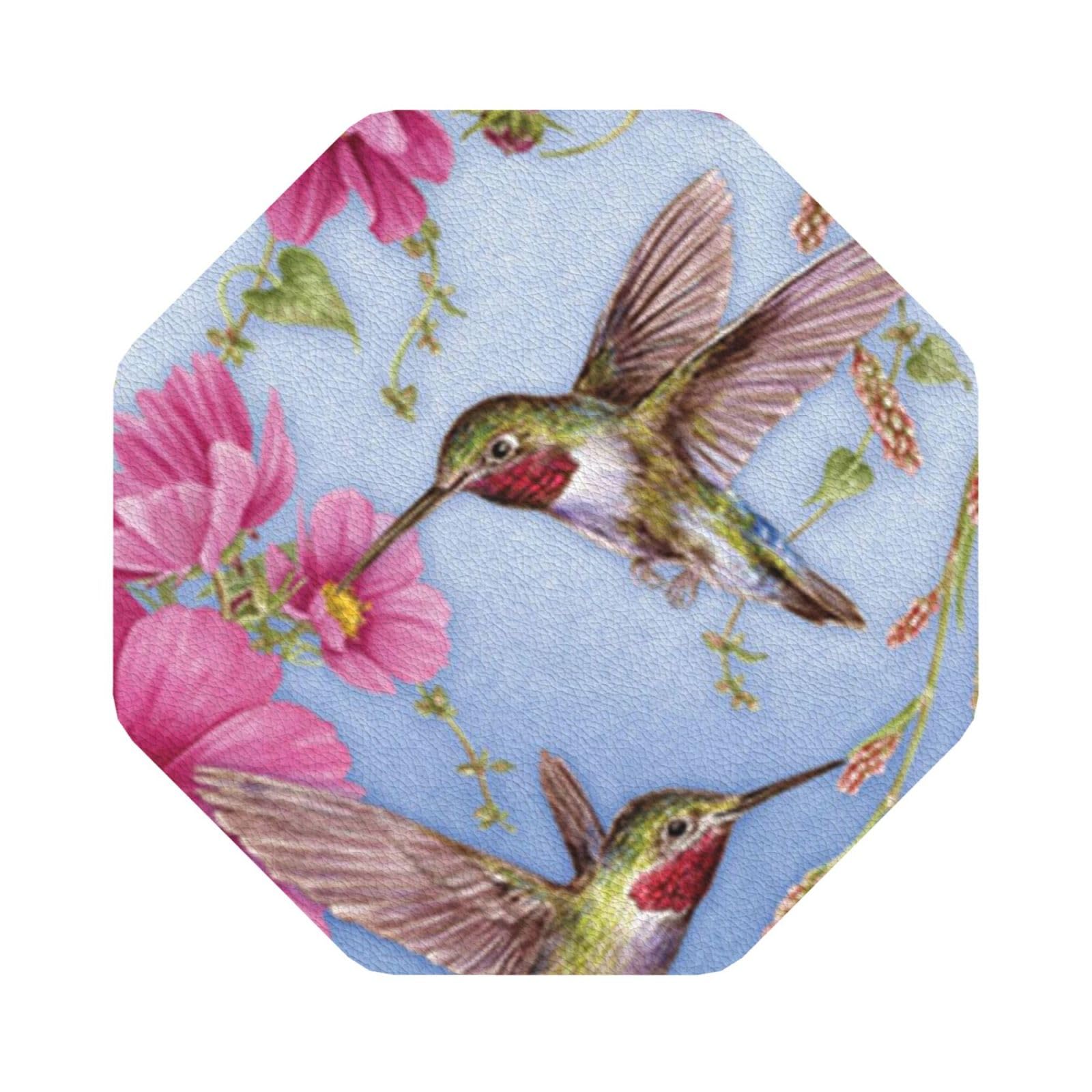 Humming birds With Pink PU Leather Coasters Set of 6 Octagon Drink Coasters