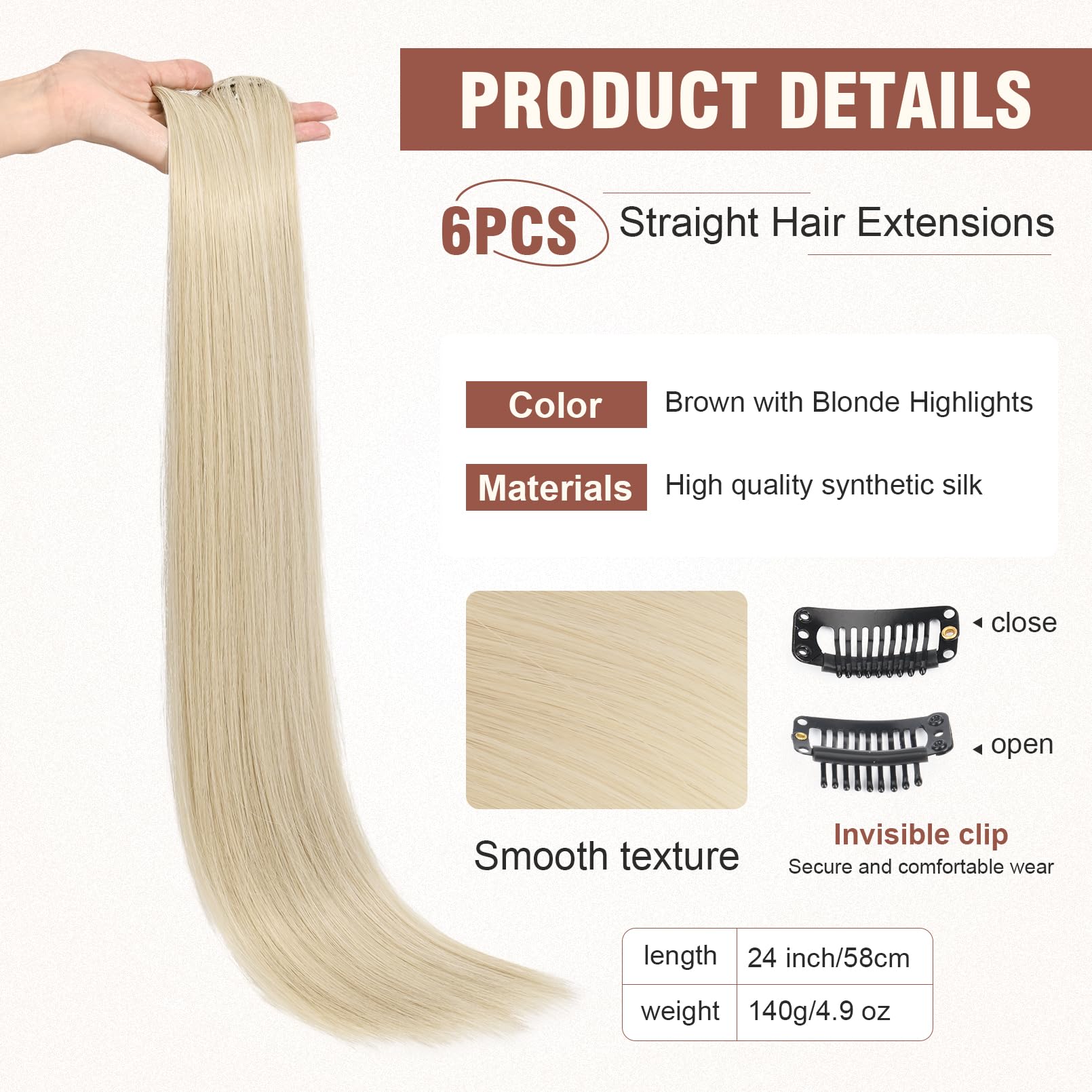 Flufymooz 6PC Clip in Hair Extensions 24" Straight Long Extensions for Women Synthetic Hairpiece (Platinum Blonde) - Image 2