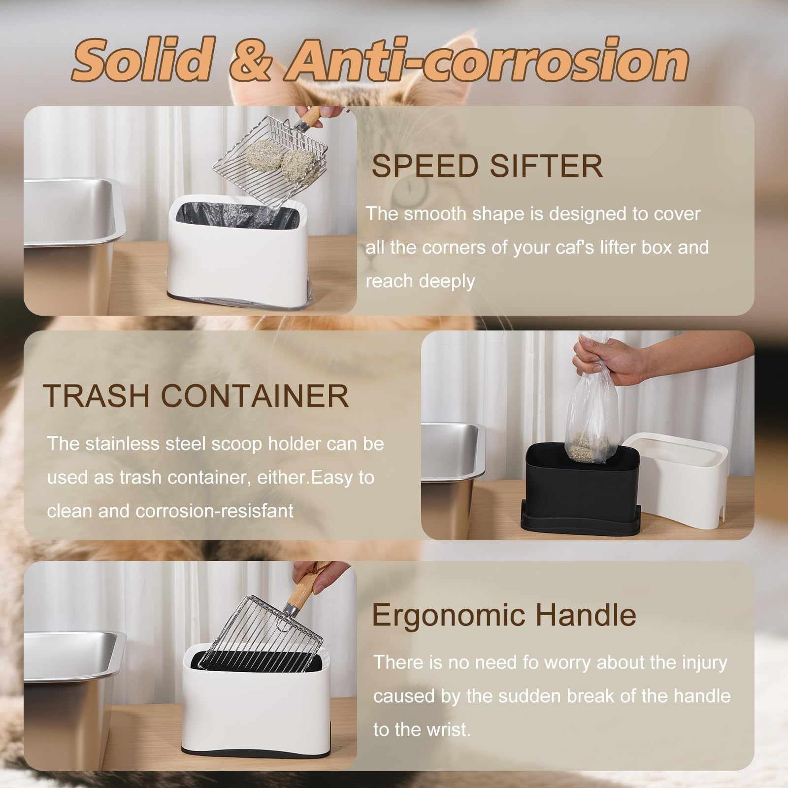 Metal Cat Litter Scoop with Holder, Poop Scooper with Stand and 2 Rolls of Garbage Bags, Heavy Duty Stainless Steel Shovel with Wooden, Quick Sifter for Easy Cleaning (Long handle-9.8" with Holder) - image 7